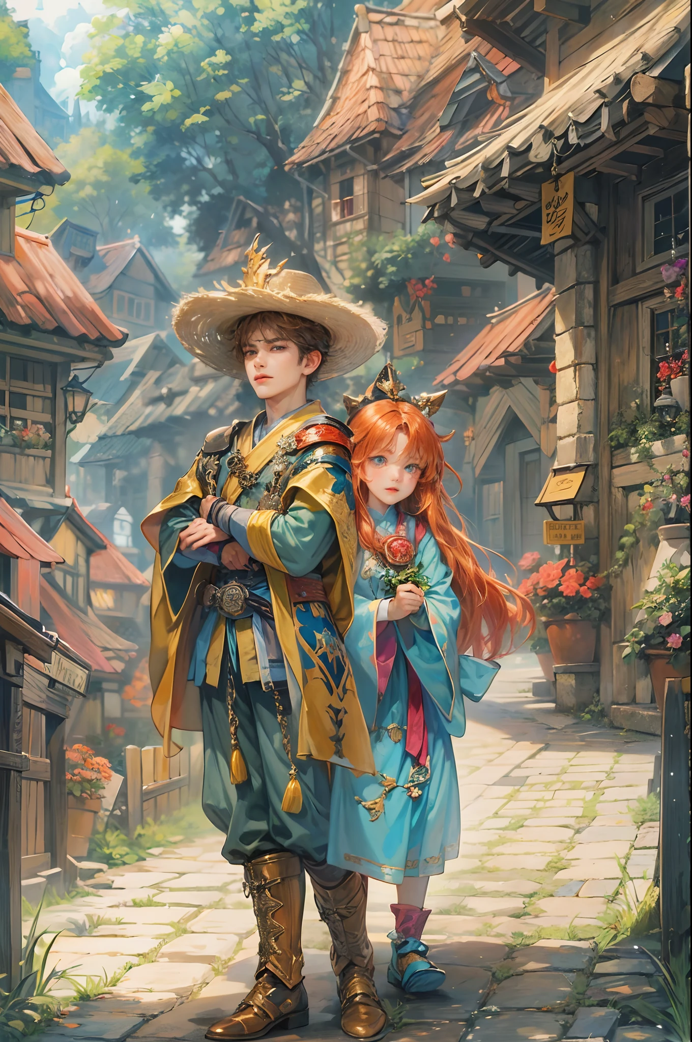 (absurdres, highres, ultra detailed, HDR), masterpiece, best quality, anime, echoes of mana character, handsome young hero wearing detailed headgear, detailed face, handsome face, boy talking to the Villain a girl wearing detailed robe, strolling at the town of domina, detailed face, anime eyes, detailed character, detailed outdoor, detailed town