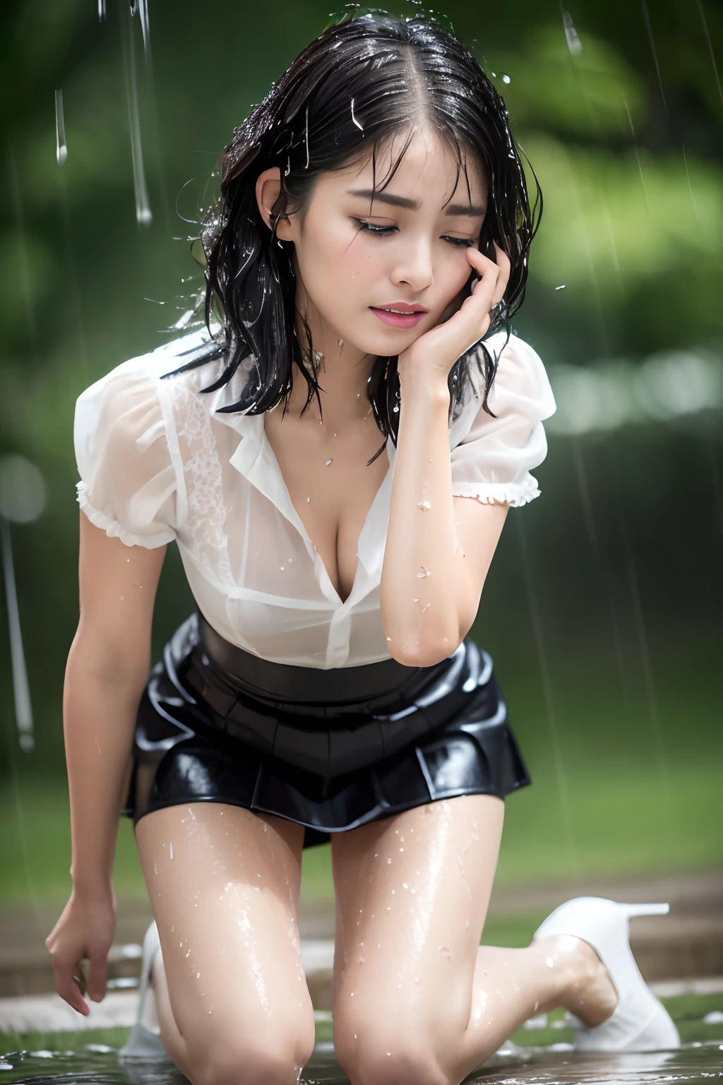 (best image quality:1.2), (super high resolution:1.2), (fidelity:1.4), 1 woman, 28 year-old, ((Cuty face)), (wet clothes:1.4), ((real rain)), ((wet hair)), (Rain drips all body), wavy short bob hair, brown eyes, ((shining eyeshadow)), (noticeable eyelashes), glossy lips, (White blouse:1.2), (Black tight-skirt:1.3), (Black high-heels:1.2), black Bra, town, despair, (teardrops:1.2), (crying face:1.2), kneel down, first-person view, f/2.8, 135mm, Nikon, masterpiece, anatomically correct, high details, best quality, HD, 4K, 8k