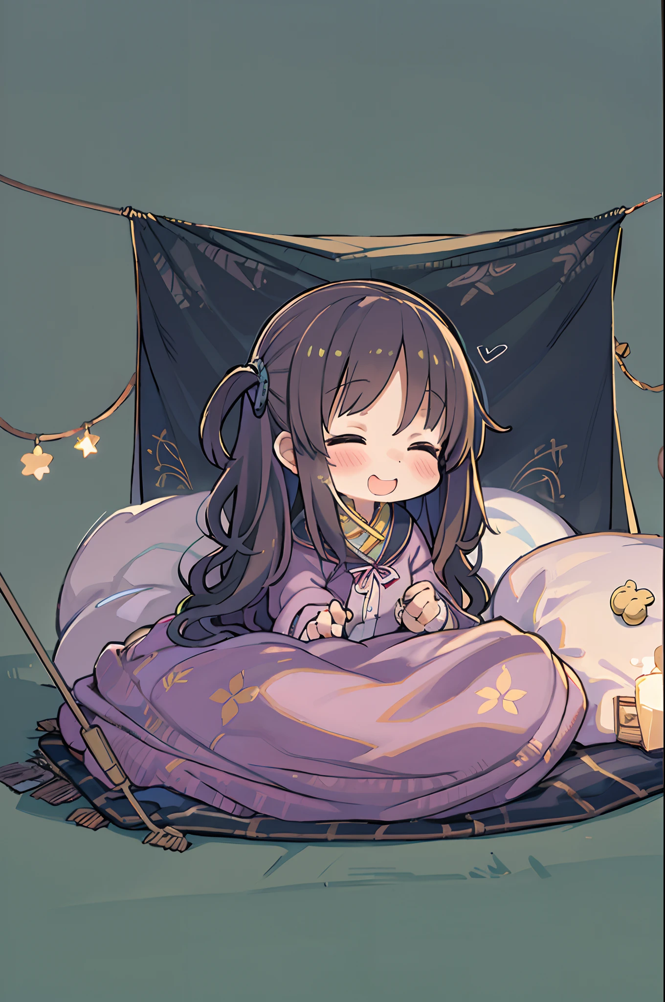 masutepiece, Best Quality, 1 girl, Solo, effect, Dark background, Sleeping in bed with a happy face,Chibi,Wrapped in a futon、Inside the tent