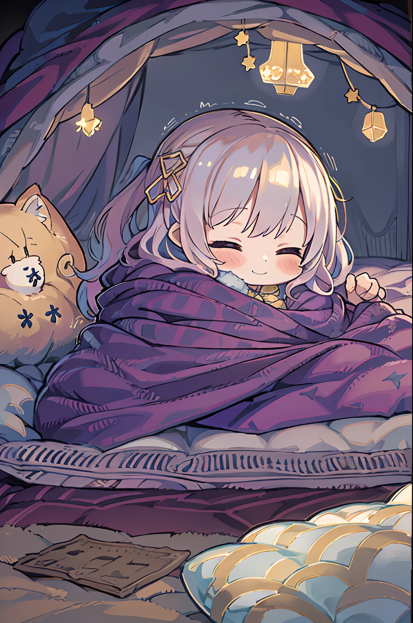 masutepiece, Best Quality, 1 girl, Solo, effect, Dark background, Sleeping in bed with a happy face,Chibi,Wrapped in a futon、Inside the tent