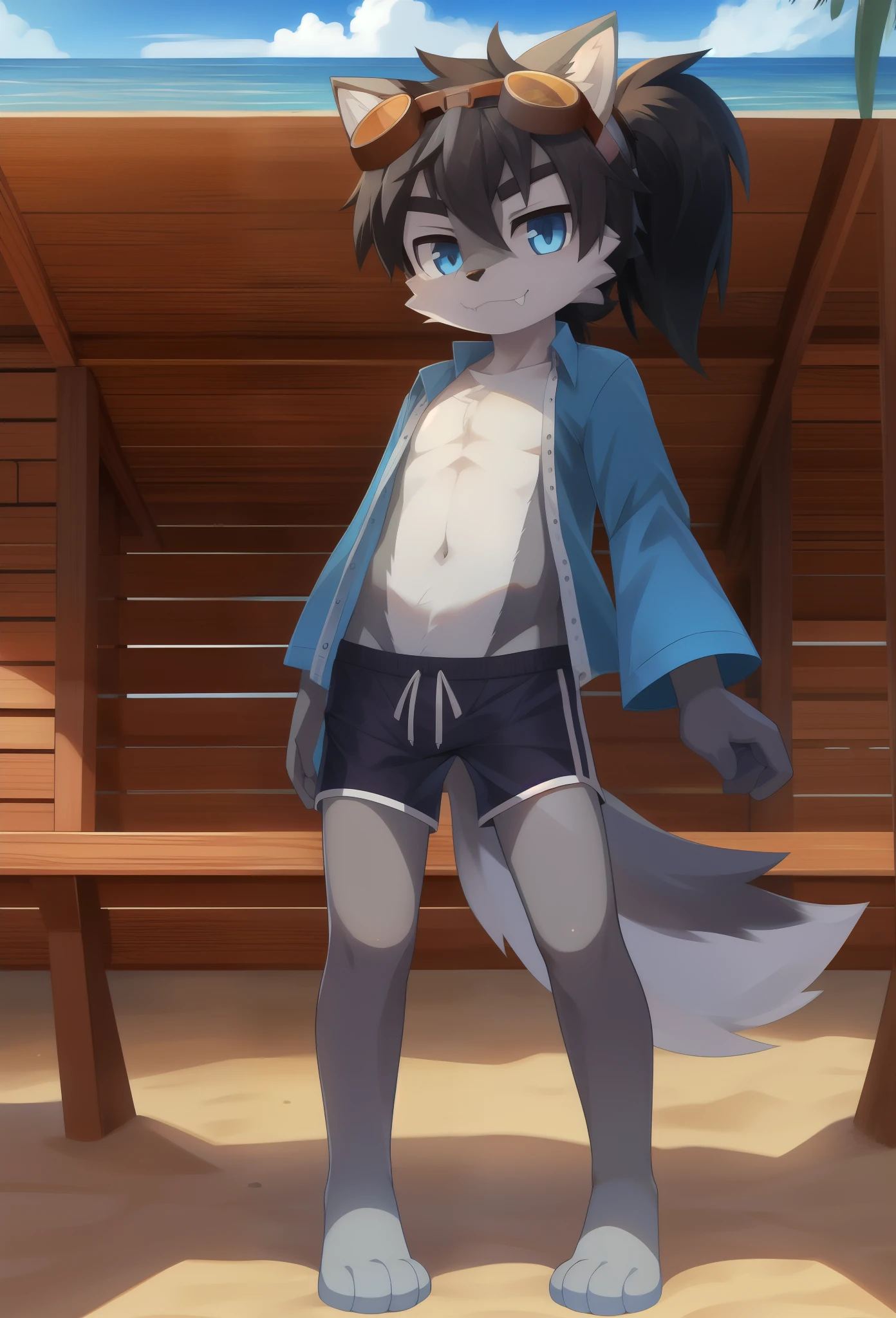 Furry shota, Young, wolf, black hair, long spiky ponytail, blue eyes, detailed body fur, blue hawaiian shirt, open clothes, black swim trunks, goggles, masterpiece, looking at you, fangs, clear grey body fur, detailed face, big eyebrows, detailed eyes, detailed body, no muscle, detailed hands, flat body, glistering body, skinny, full body, paws whit three toes, detailed paws, beach, clear sky, sassy face, :3,