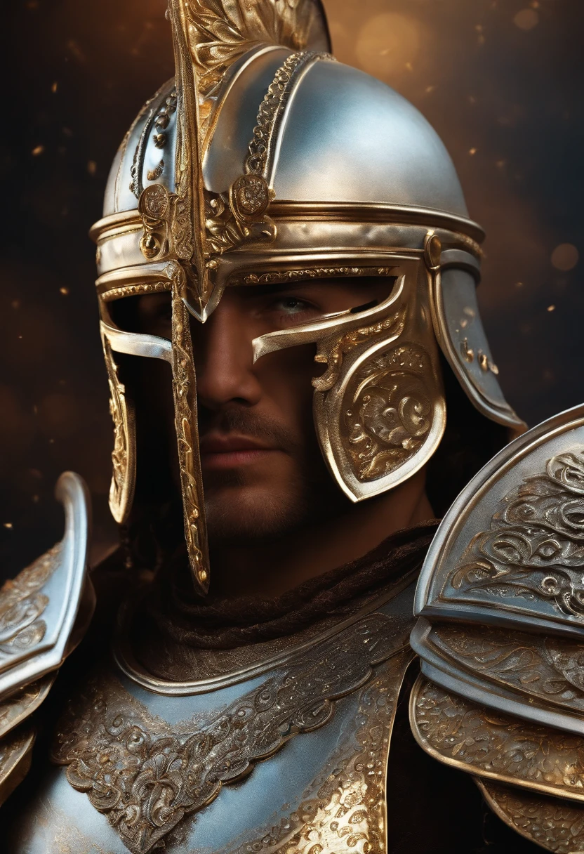 Gladiador com armadura, olhos claros brilhantes, estranho, assustador, Pesadelo, cores muito brilhantes, light particles, com luz brilhante, Arte do papel de parede, Papel de parede UHD