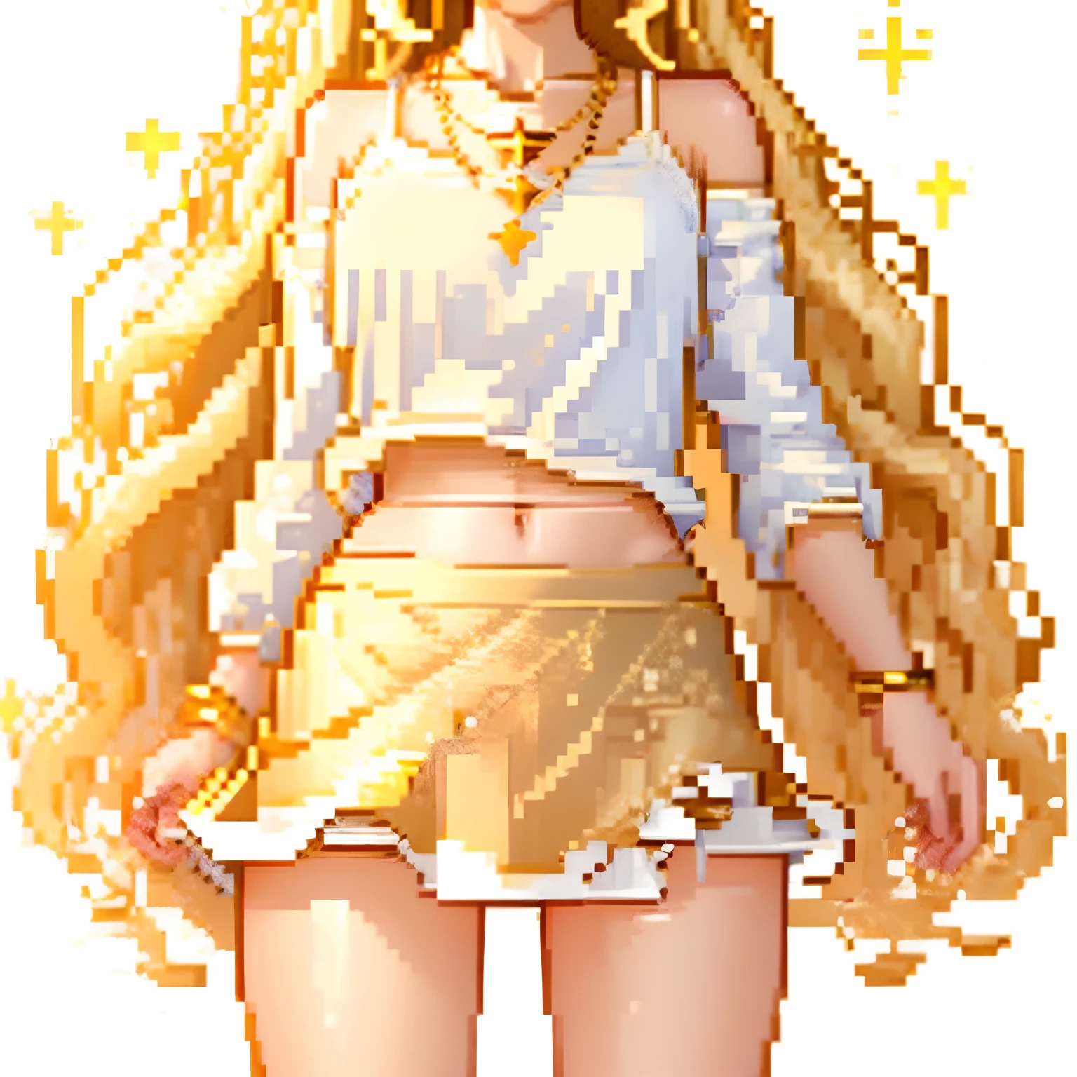white background, full body from the neck down, 1 girl, long and wavy golden hair, white long-sleeved cropped top, necklace star, she must wear nice black sweatpants and short white background, full body from the neck down, 1 girl, long and wavy golden hair, long-sleeved white cropped top, star necklace, medium gold skirt and white full pants, , extremely beautiful, elegant and determined skirt, 17 years oldbeautiful, elegant and determined