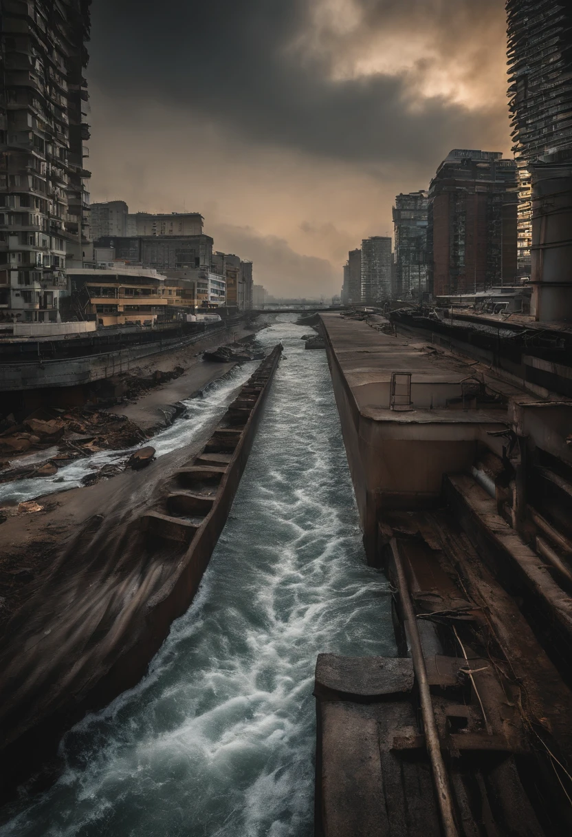 Underground water pipes,Industrial pollution,Sewage discharge,Waterspout,tidal waves,Tornado,typhoon,swell sea,Armageddon,Greatwave,废墟,disrupt,,lakes,high level of water,Bottomless,The run-down city creates a cinematic apocalyptic cityscape
