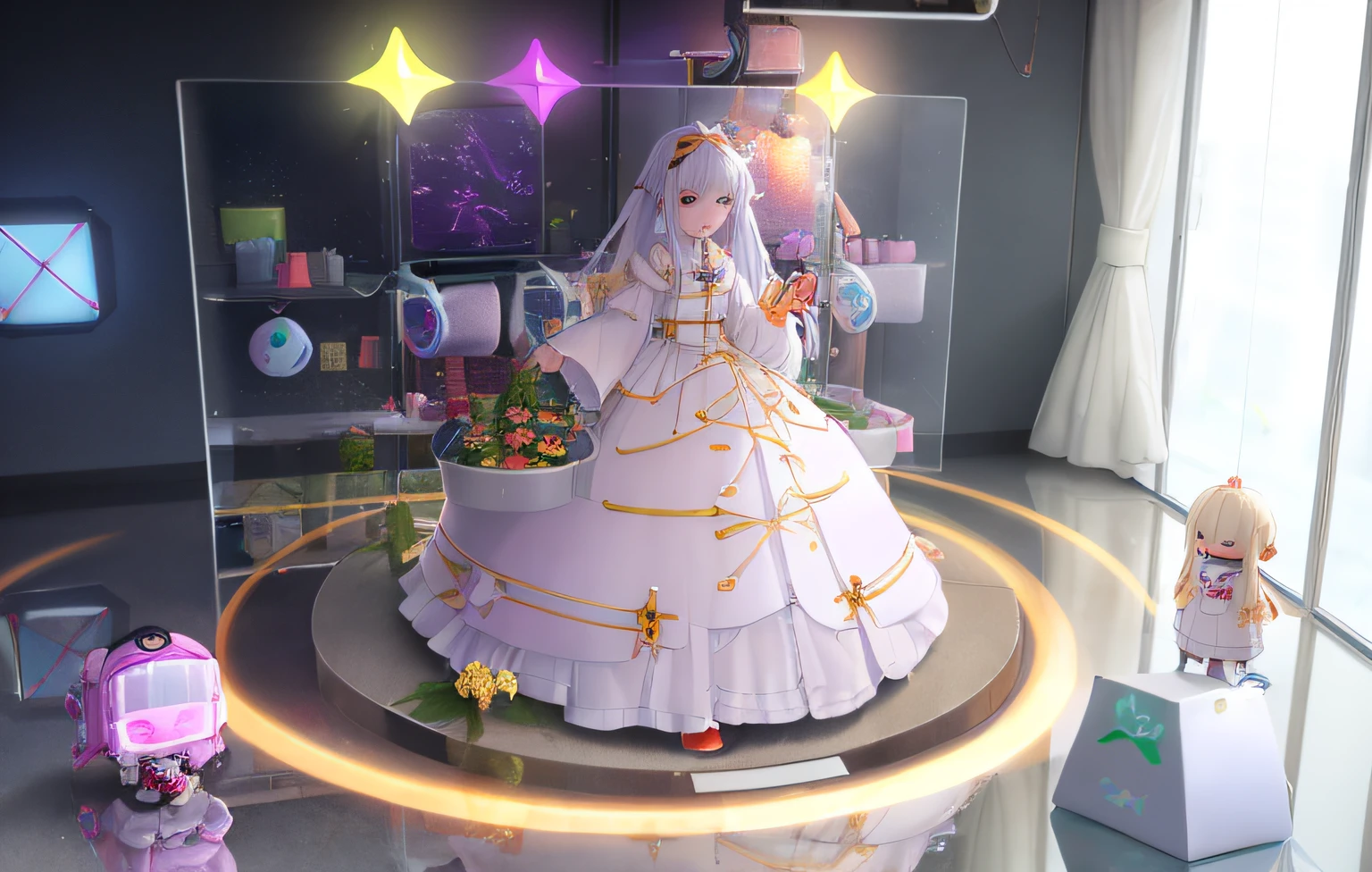 Florist clerk、Pop Mart Blind Box IP、Close up of cute white robe doll、Young One Angel Style、Wear longer, Dress fluently、Lop style、Poseline doll、Little people々々々々々々々々々。unreal enginee 5、Light 3D/C4D production: 8K HD quality/illuminating/Ultra-fine lens description 1.5、flawless、Chibi Background/Cinematic。Tuna bowl、macadamia、cyborgs, (blind box toy style:1.2), (Full body shot) , 1 transparent girl,Transparent Mecha, Exquisite helmet:1.2, Phosphorescent goggles:1.2, Cyberpunk, Dreamy glow, bright neon lights, clean, White background, ( Global Illumination, Ray traching, nffsw, Unreal Render,Reasonable design, high detal, masutepiece, Best Quality, hyper HD, Cinematic lighting)