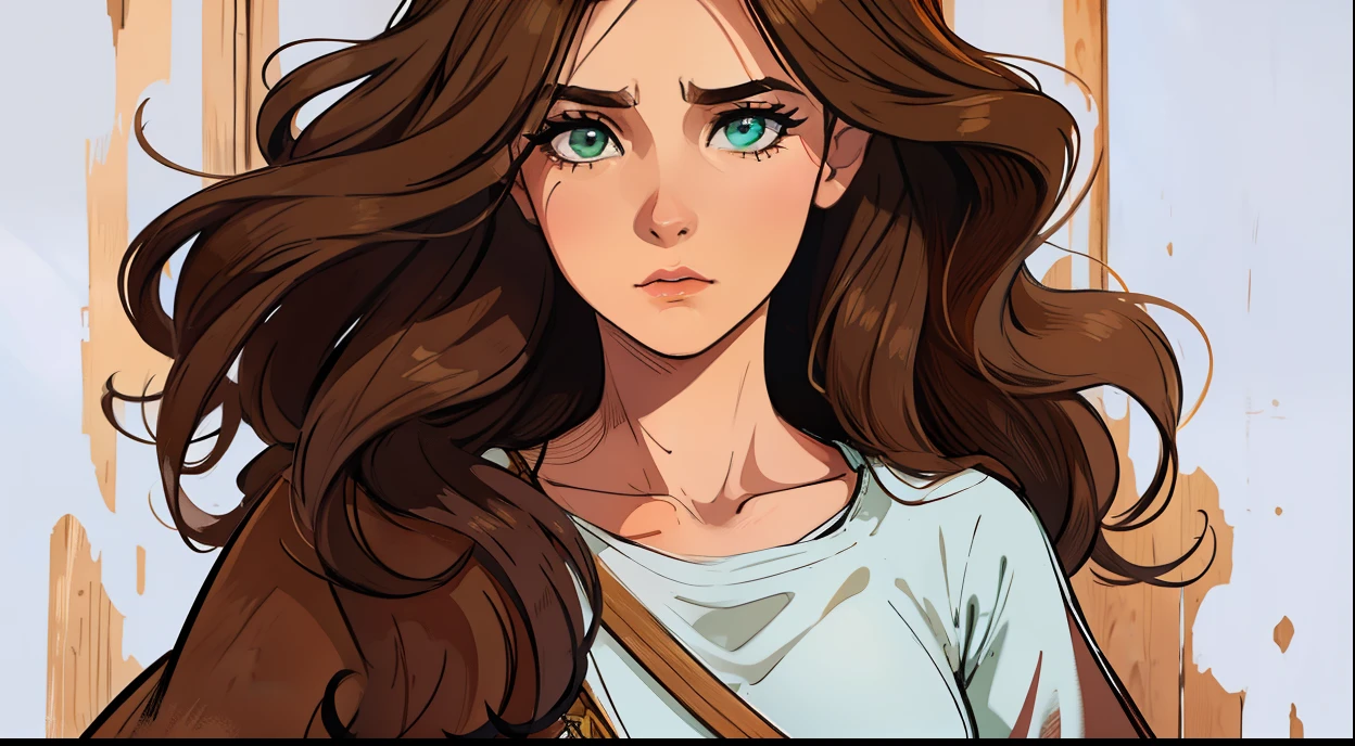 Uma bela mulher de olhos verdes e cabelos castanhos longo ondulado (brown hair) (Detailed strokes) Princess eyes Sexy curvy eyelashes A background with wooden wall Expressive drama with a sad look An art for an RPG A medieval art for an RPG