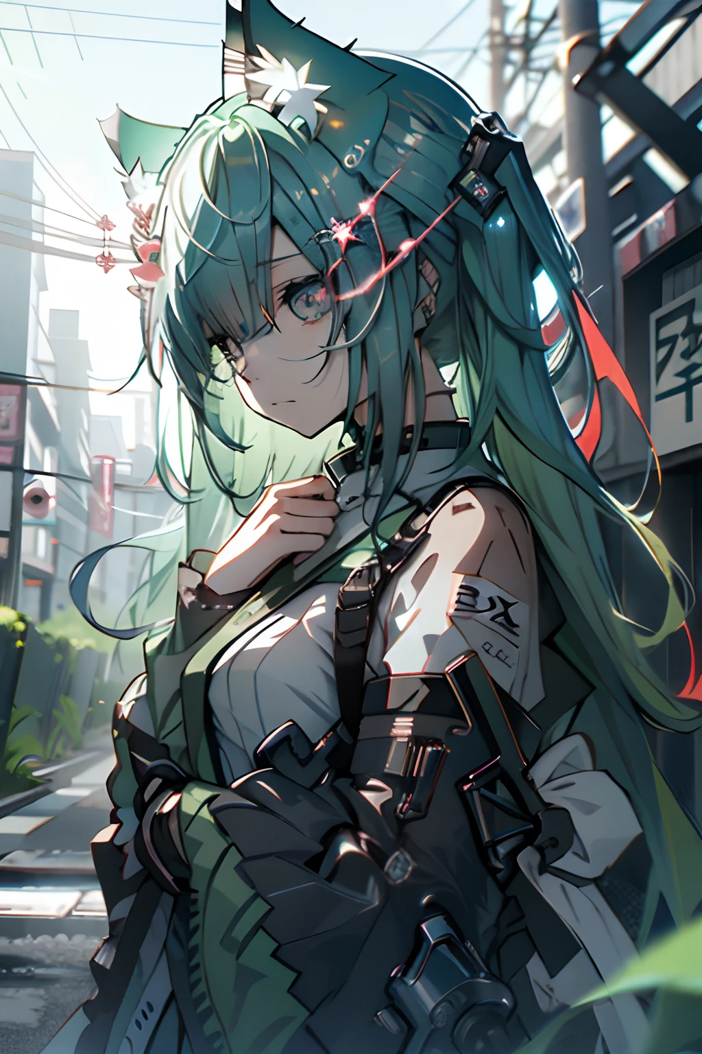 morning、miku hatsune、miku hatsune、Green hair、Blunt bangs、Photorealsitic, hight resolution, 1 rapariga, Korea person,Flame from the eyes、🔥