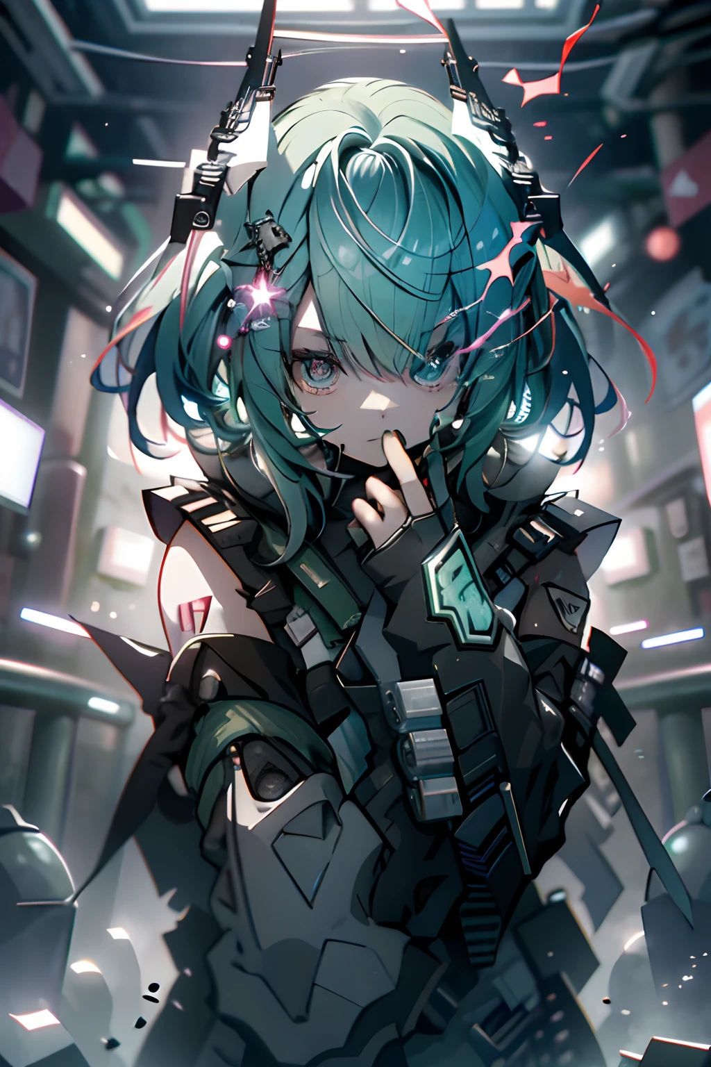 morning、miku hatsune、miku hatsune、Green hair、Blunt bangs、Photorealsitic, hight resolution, 1 rapariga, Korea person,Flame from the eyes、🔥