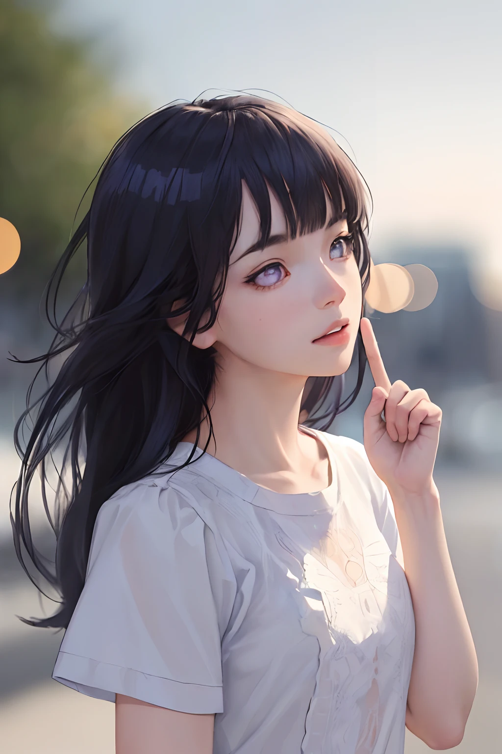 (masterpiece, best quality), depth of field,1girl, finely detailed, high detail,High quality shadow,beautiful detailed,(bokeh:1.5),taken by Canon EOS, SIGMA Art Lens 35mm F1.4, ISO 200 Shutter Speed 2000 , back lighting,
solo, flower, , outdoors, letterboxed, day, sky, , cloud, sunlight, white shirt, upper body, from side, blurry,blue sky, (high detailed skin, skin details), beautiful and realistic and detailed hands and fingers:1,best ratio four finger and one thumb,Blunt Bangs, purple eyes, long dark blue hair
looking up , long hair , short sleeves, parted lips, shirt