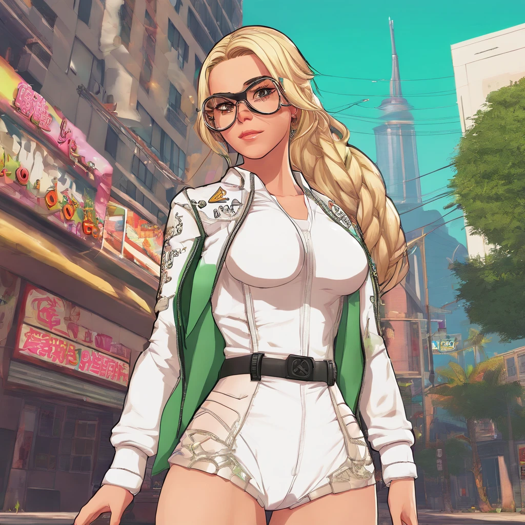 videogame Action Taimanin, character Emily Simmons, White outfit with black ornaments, wears transparent square frame glasses, European race, Green eyes, hyper detailed, A good artist, good anatomy, blonde with a long braid, white shoes, Black details on the hips, intricate details, Cutesexyrobutts, Mechanized Girl, Android Heroine, full body zenkai! full - body, 8K, hyper realistic, best quality, [glued fingers:1], [bad hands:1]