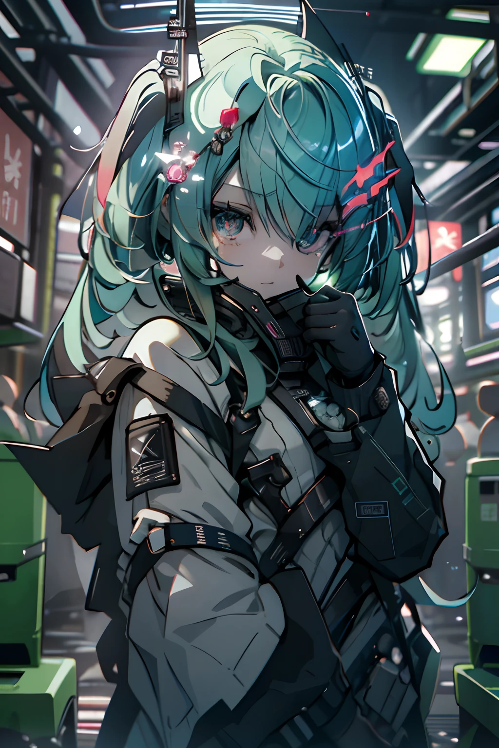 Pointing a finger、cross one's legs、Sit up、morning、miku hatsune、miku hatsune、Green hair、Blunt bangs、Photorealsitic, hight resolution, 1 rapariga, Korea person,Flame from the eyes、🔥