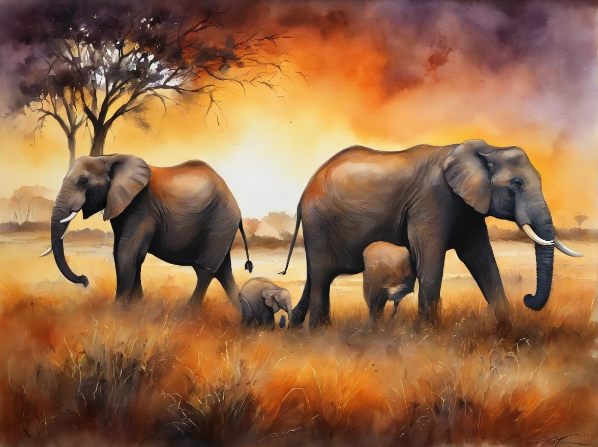 four paintings of elephants in a field with trees and a sunset, scenery artwork, african savannah, african steppe, landscape of africa, savanna, detailed gouache paintings, watercolor painting style, detailed watercolor painting, watercolor detailed art, oil paintings, african plains, watercolor painting, watercolour painting, watercolors on canvas, detailed paintings, waterpaint art, landscapes