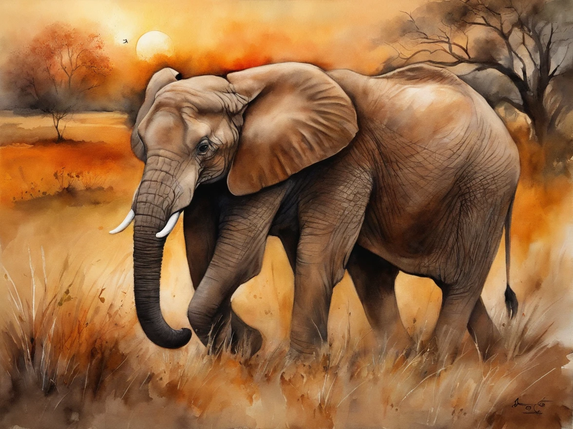 four paintings of elephants in a field with trees and a sunset, scenery artwork, african savannah, african steppe, landscape of africa, savanna, detailed gouache paintings, watercolor painting style, detailed watercolor painting, watercolor detailed art, oil paintings, african plains, watercolor painting, watercolour painting, watercolors on canvas, detailed paintings, waterpaint art, landscapes