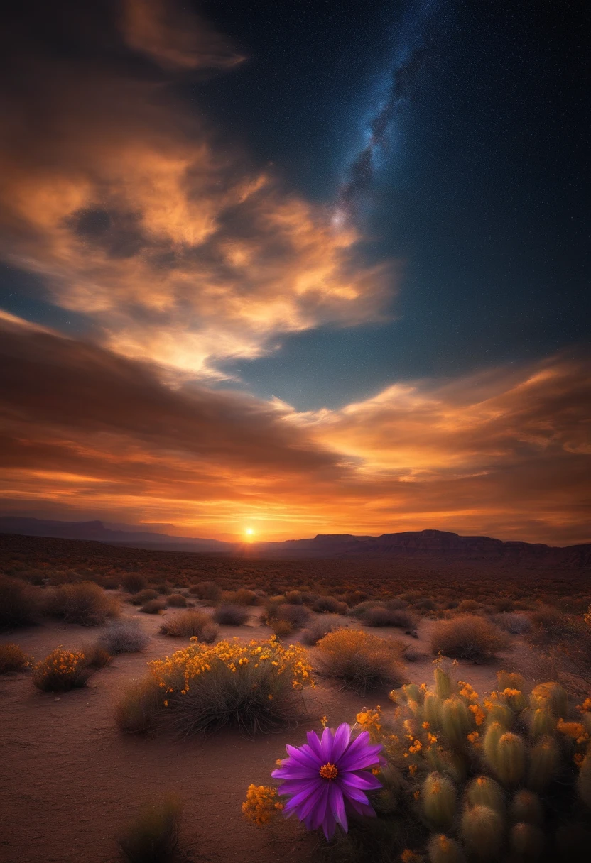 A morning star shining over a desert with flowers