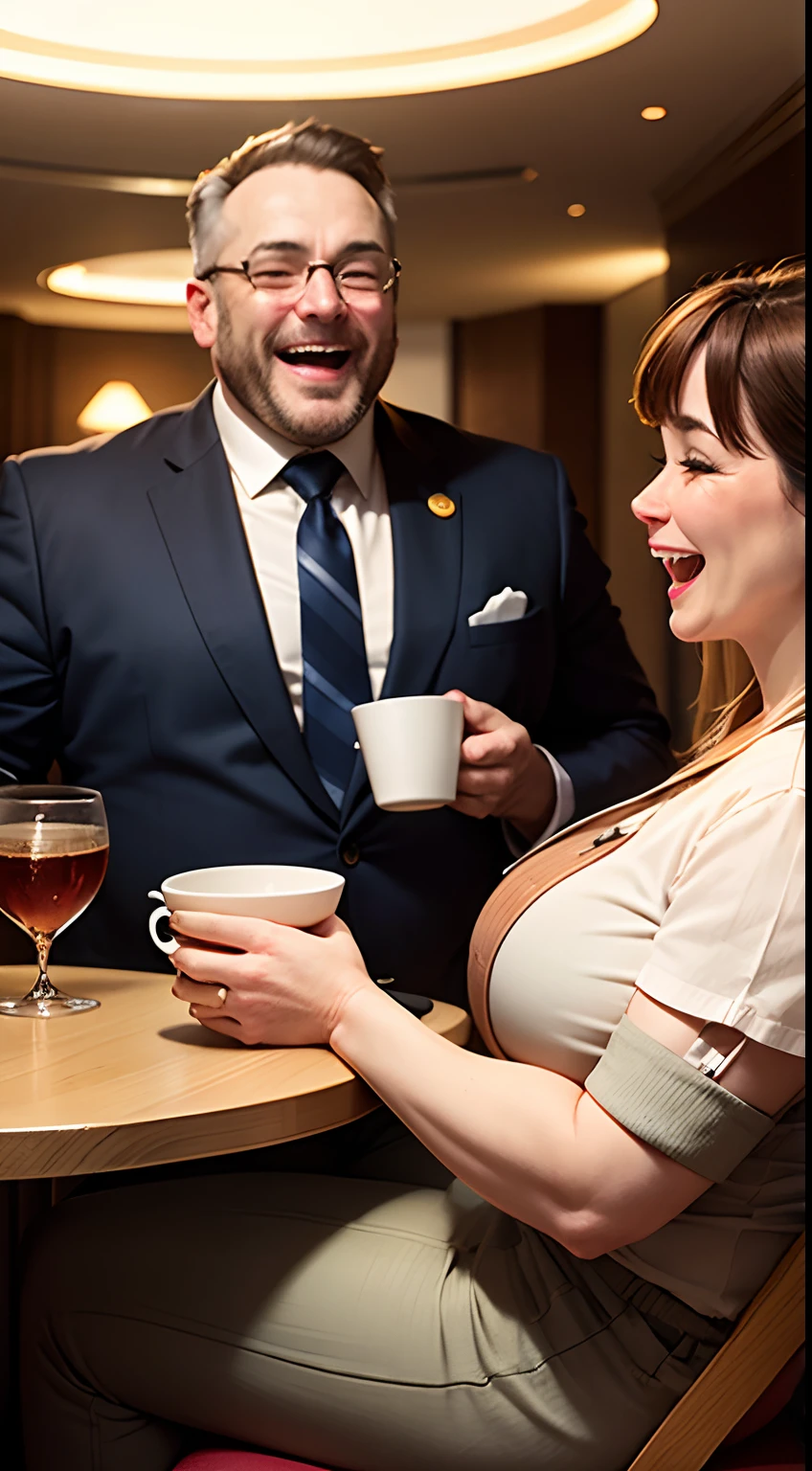 Laughing employers having evil smile holding a cup middle aged well dressed fat sitting in a luxurious hotel. Very rich and fat. And happy.