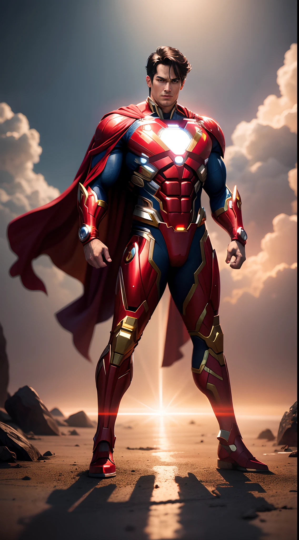 ((Fusion Character)), Full body shot of Dc character Superman wearing Ironman armor, Superman cape, full Ironman armor,  Superman logo on chest, hero stance, glowing metal armor, dinamic lighting, colours vibrant, hyper-realistic, highly detailed, 8k ultra detailed,