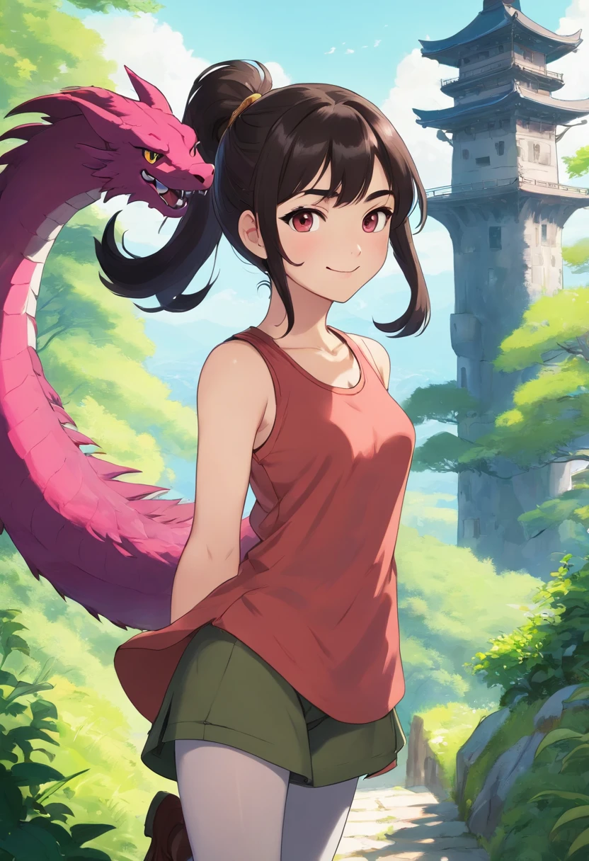 1girl, sasha grey, tan, happy, smile, confident, looking at viewer, upper body focus, tunic, tank top, leggings, boots, magenta eyes, black hair, big ponytail, nature, tower, blurry blackground, sunny dragon behind her