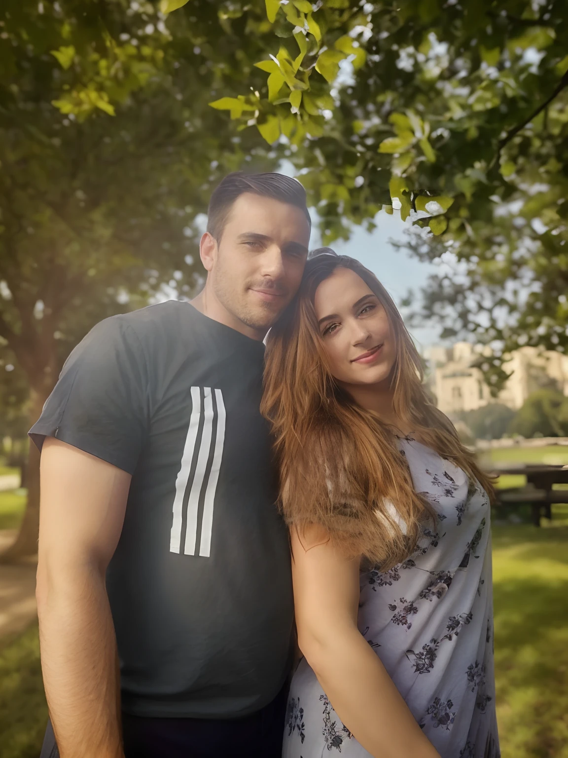 A man and a woman stand together in the park, vacation photo, profile image, profile picture 1024px, lovely couple, a painting, very, very high picture quality, Happy couple, couple portrait, Millais and Greg Rutkowski, very accurate photo, in sunny weather, couple, photo taken in 2 0 2 0, girl in a dress, Man in white T-shirt