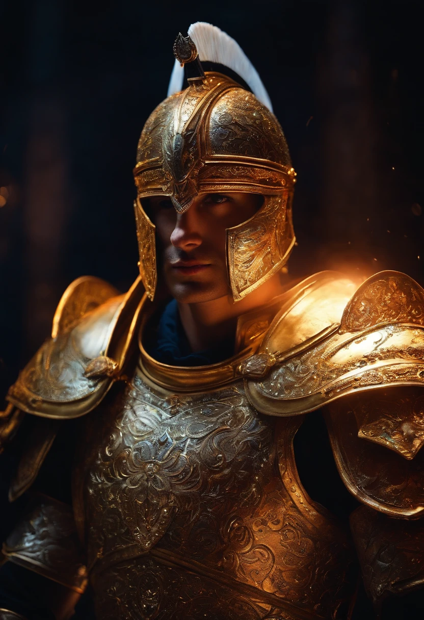 Gladiateur avec armure, yeux clairs et brillants, odd, effrayant, Cauchemar, Very bright colors, Light particles, with bright light, Art du papier peint, UHD wallpaper