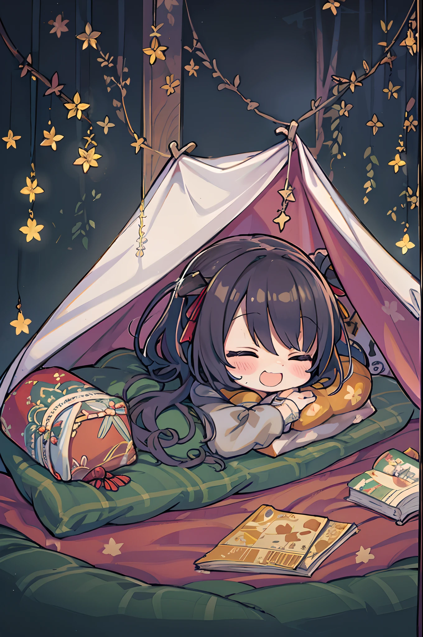 masutepiece, Best Quality, 1 girl, Solo, effect, Dark background, Sleeping in bed with a happy face,Chibi,Wrapped in a futon、Inside the tent
