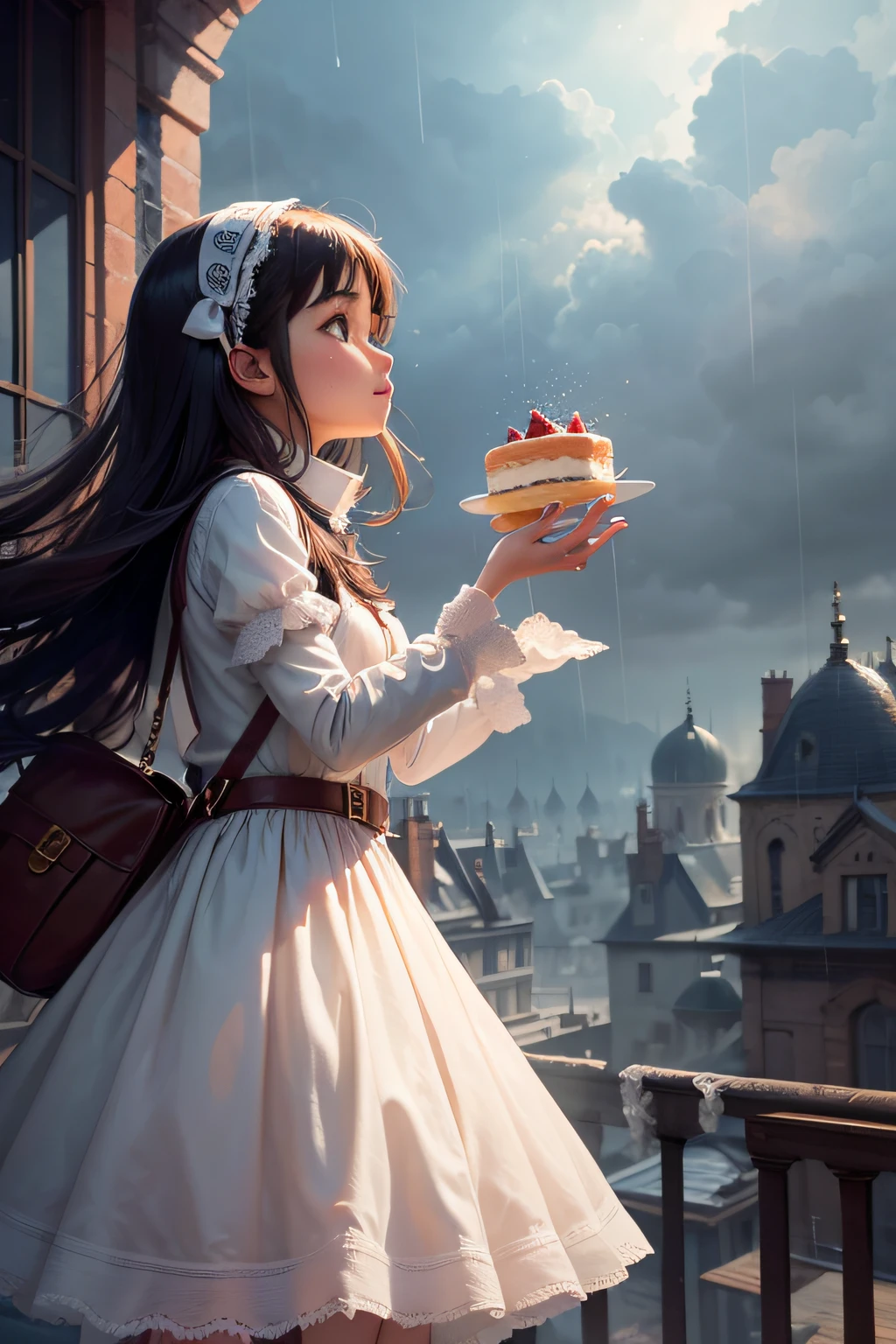 A girl looking at the sky and spotting a magical and delicious rain of cakes, plus a magical book falling from the sky