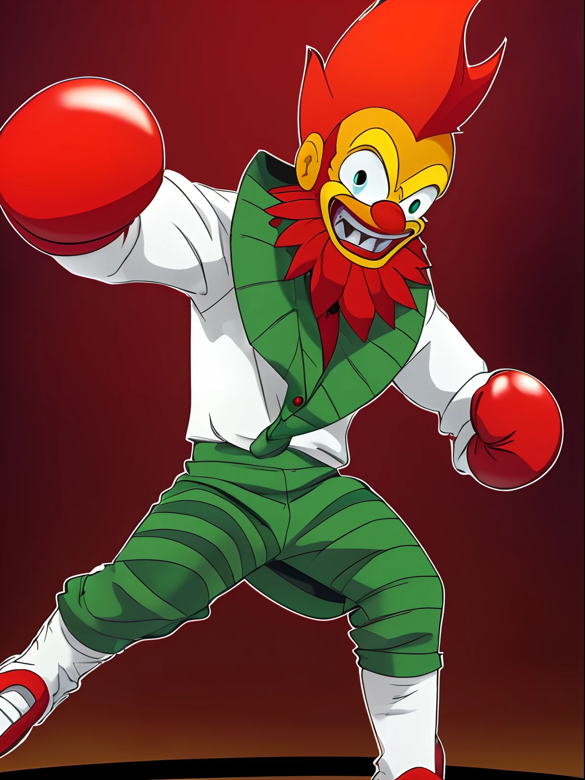 1man, alien, cartoon, clown costume, red nose, cartoon eyes, evil clown, green eyes, yellow teeth, boxing gloves, circus backdrop, masterpiece, best quality, male focus, short body, jumping, evil grin, villain, wacky atmosphere, green Mohawk, white clown makeup, red boxer shorts, solo, full body, cowboy shot, red bow necktie, short body, dynamic fighting stance pose, standing