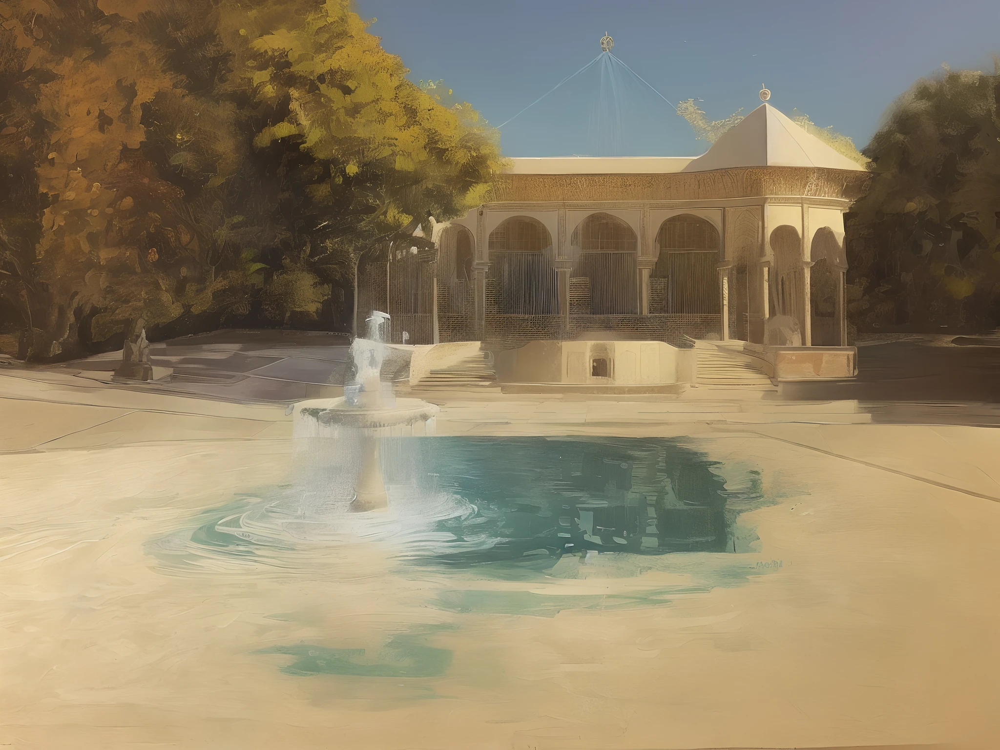 Painting of a belvedere in a park with a fountain in the foreground, inspired by Luis Paret y Alcazar, by Verónica Ruiz de Velasco, by Abdullah Gërguri, Hyper realistic super detailed paint detailed, par paul balkay, by Francisco Zúñiga, Art traditionnel, inspired by Cherryl Fountain, par Slobodan Pejić detailed architecture