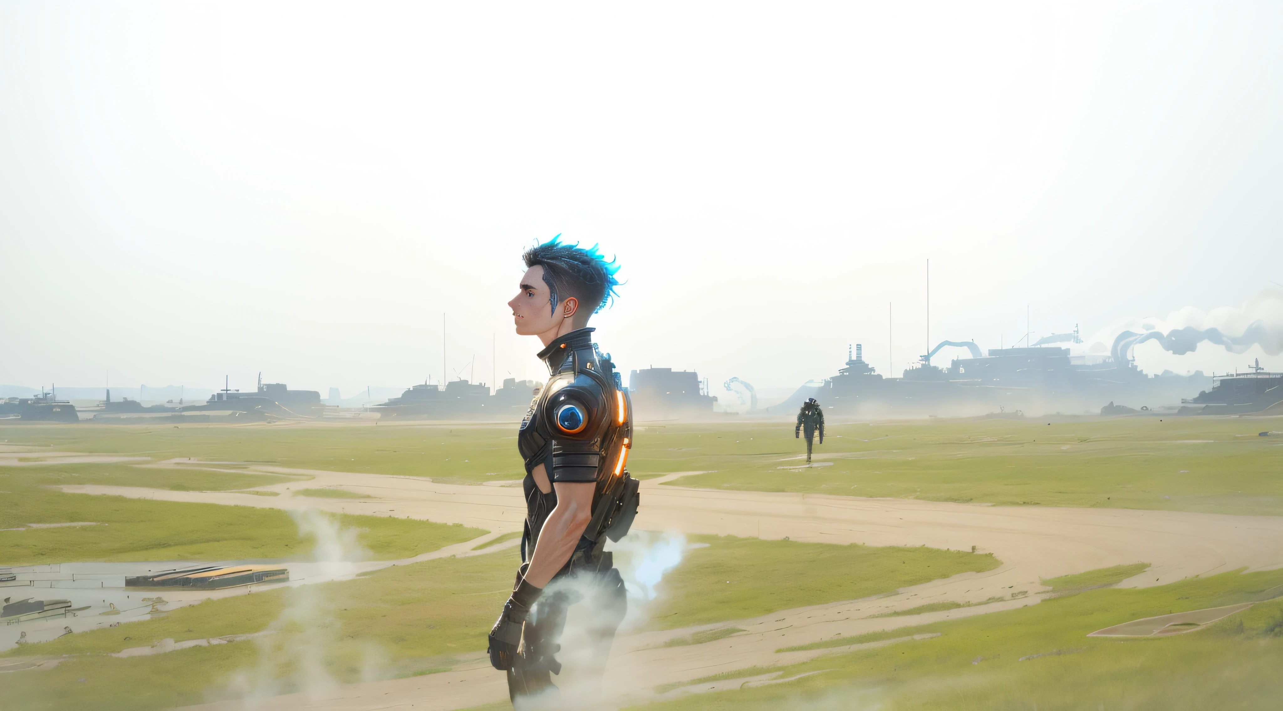 cypunk, futuristic, mechanic, dystopia, trending on artstaion, by greg rutkowski, 8k, boy, glowing eyes, smoke and fire, glowing power aura, dynamic view