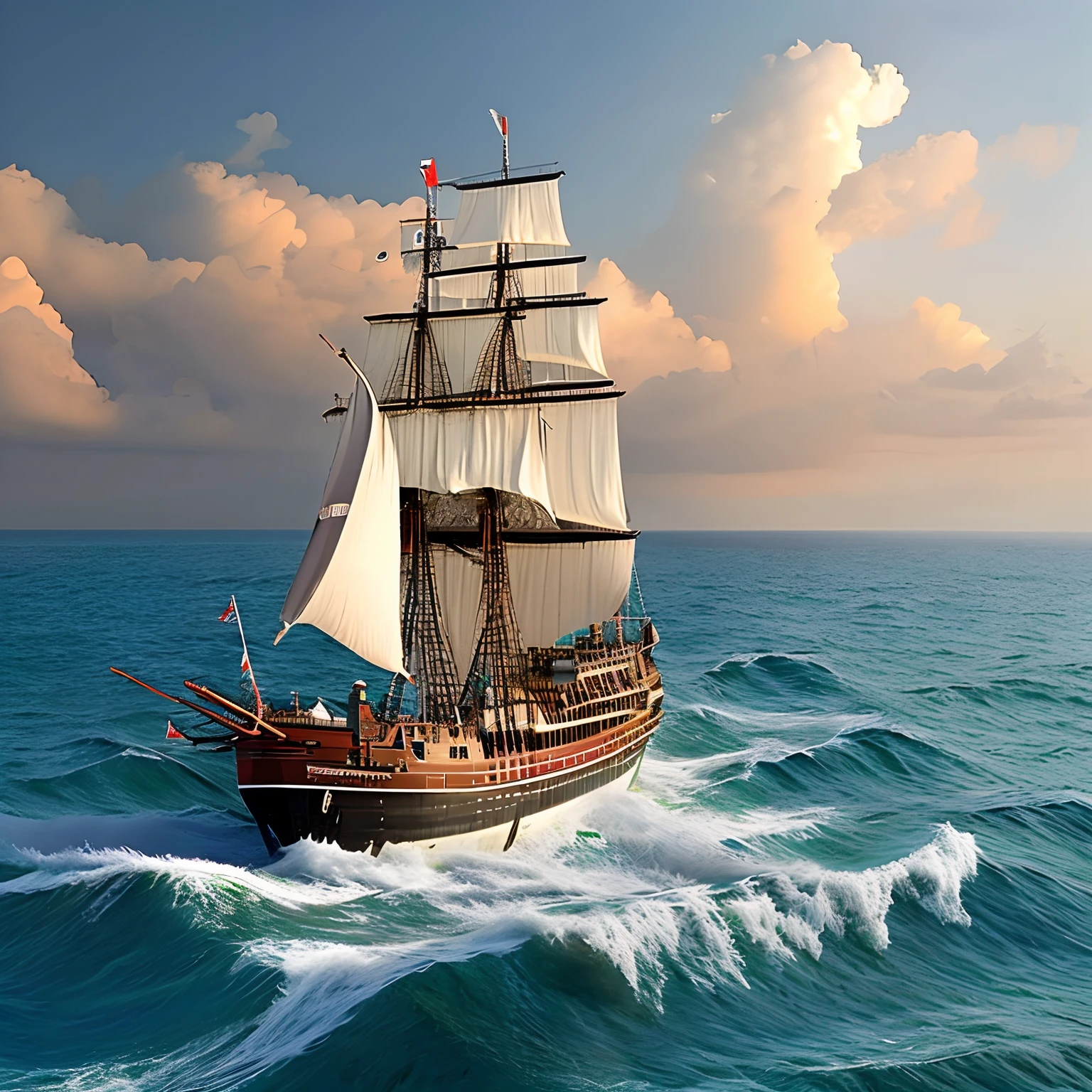 Best Quality, masuter piece, 超A high resolution, (Photorealistic:1.4), Raw photo, Professional Lighting, high-level image quality, high-detail, ​masterpiece、Mare、the ocean、Sunnyday、Pirate Ship、Sail ships、view from front、blue-sky