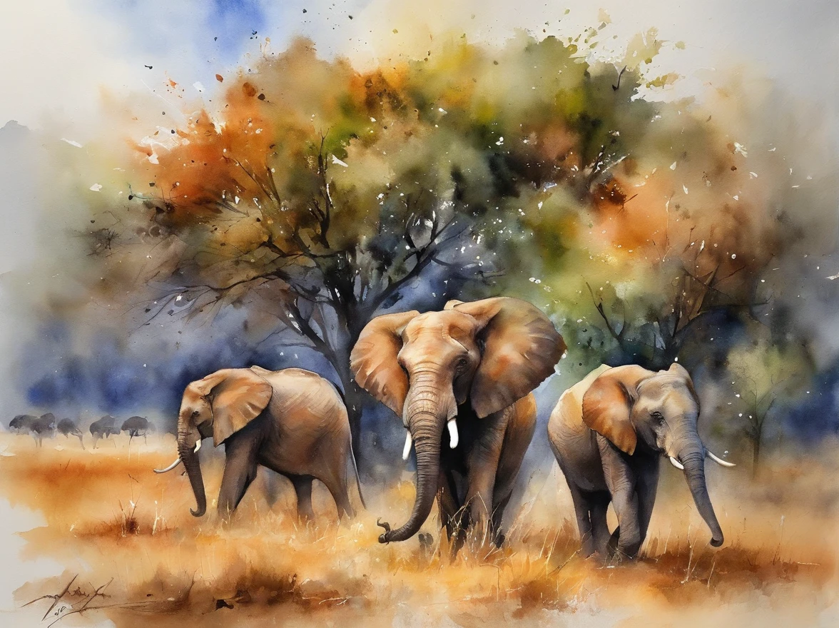 four paintings of elephants in a field with trees and a sunset, scenery artwork, african savannah, african steppe, landscape of africa, savanna, detailed gouache paintings, watercolor painting style, detailed watercolor painting, watercolor detailed art, oil paintings, african plains, watercolor painting, watercolour painting, watercolors on canvas, detailed paintings, waterpaint art, landscapes