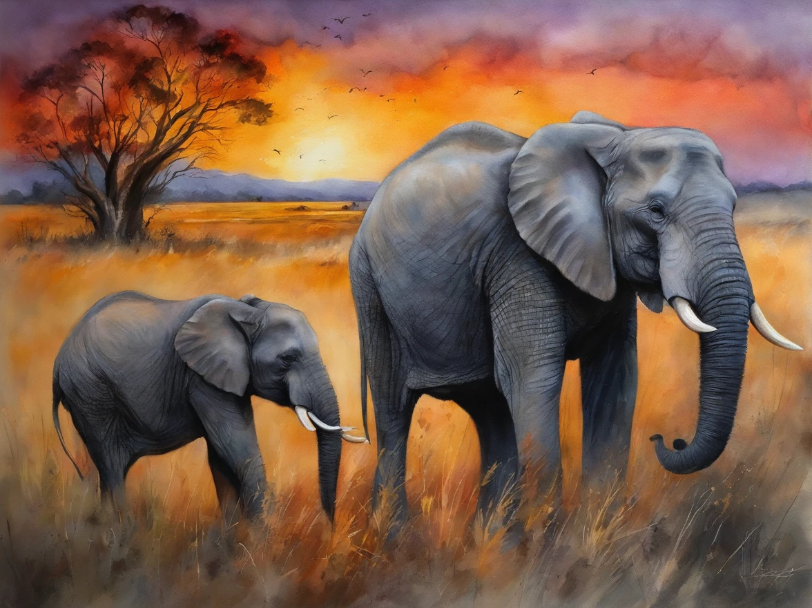 four paintings of elephants in a field with trees and a sunset, scenery artwork, african savannah, african steppe, landscape of africa, savanna, detailed gouache paintings, watercolor painting style, detailed watercolor painting, watercolor detailed art, oil paintings, african plains, watercolor painting, watercolour painting, watercolors on canvas, detailed paintings, waterpaint art, landscapes