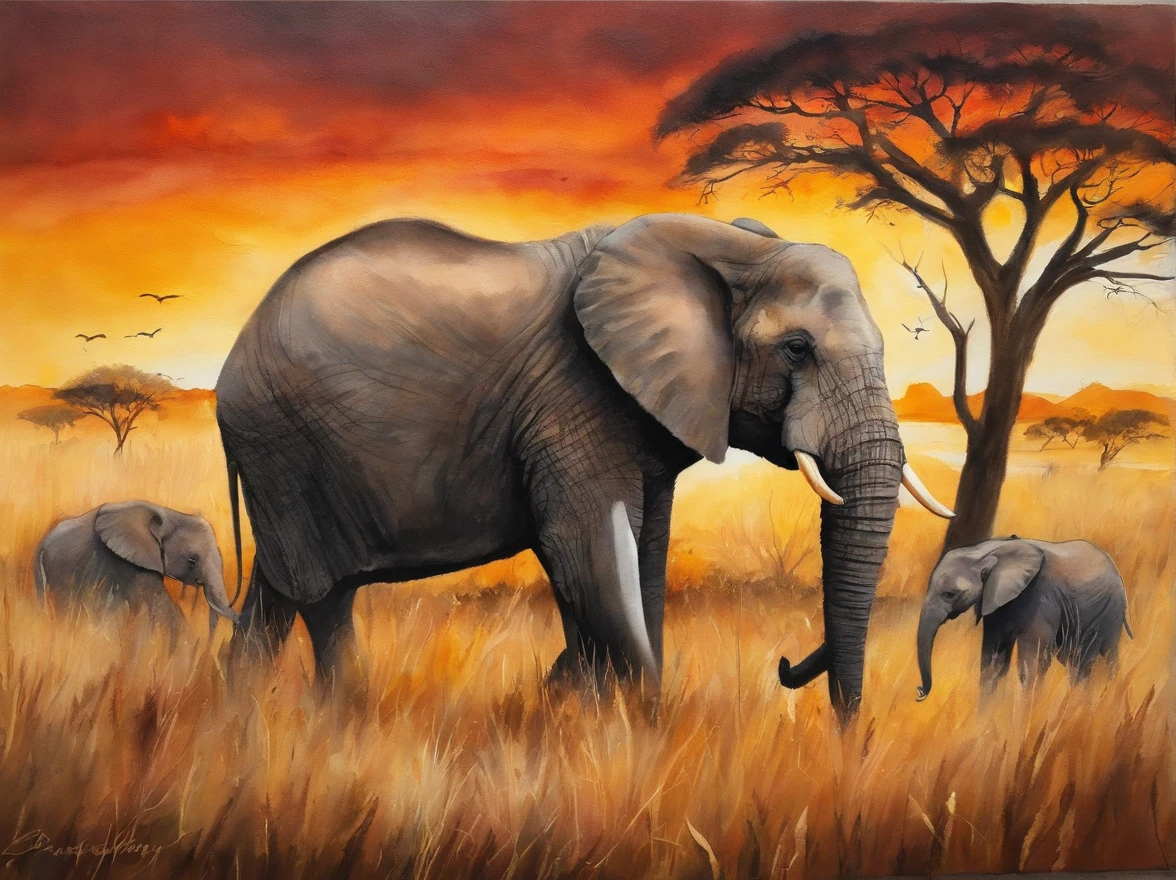 four paintings of elephants in a field with trees and a sunset, scenery artwork, african savannah, african steppe, landscape of africa, savanna, detailed gouache paintings, watercolor painting style, detailed watercolor painting, watercolor detailed art, oil paintings, african plains, watercolor painting, watercolour painting, watercolors on canvas, detailed paintings, waterpaint art, landscapes