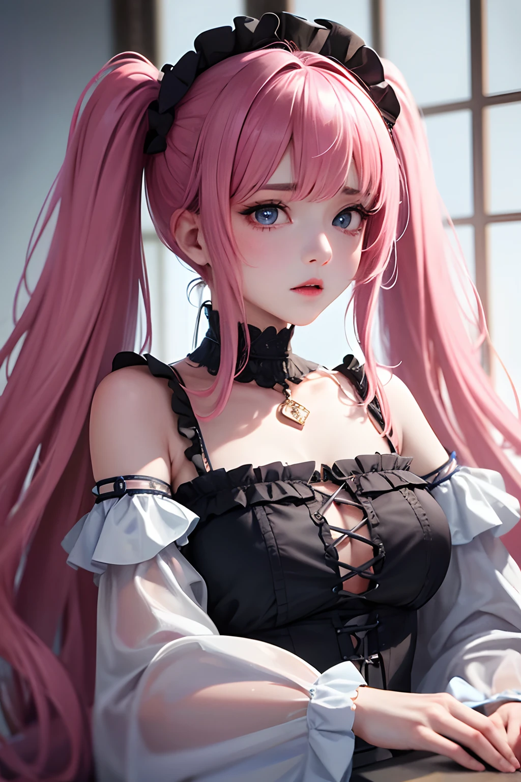1girl in、looking at the viewers、
The upper part of the body、Beautiful blue eyes、Twin tails pink hair color、Moles under the eyes、Plump and glossy lips、Heart-shaped choker、。.。.。.。.。.。.。.。.。.。.。.。.。.。.。.。.。.3D、realisitic、
excessively frilled princess dress、draped clothes、jewely、ornament detached、florals、Lace trim、
masterpiece、top-quality、8K、detailed skin textures、Detailed Cloth Texture、beautifull detailed face、intricate-detail、ultra-detailliert、
Rim lighting、Side lighting、ciinematic light、超A high resolution、8K UHD、film grains、Best Shadow、delicated、gazing at viewer、front facing