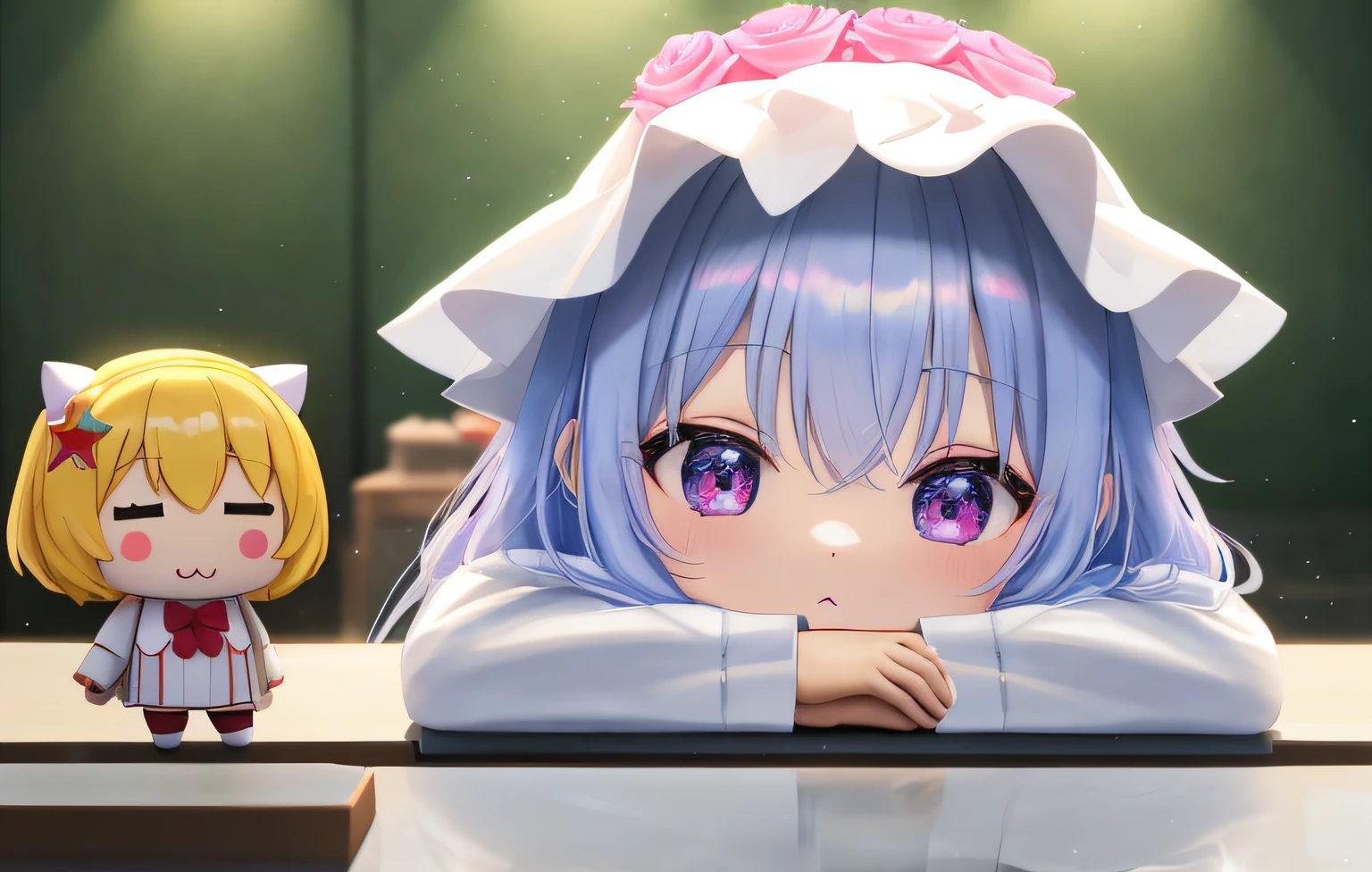 Florist clerk、Pop Mart Blind Box IP、Close up of cute white robe doll、Young One Angel Style、Wear longer, Dress fluently、Lop style、Poseline doll、Little people々々々々々々々々々々。unreal enginee 5、Light 3D/C4D production: 8K HD quality/illuminating/Ultra-fine lens description 1.5、flawless、Chibi Background/Cinematic。Tuna bowl、macadamia、