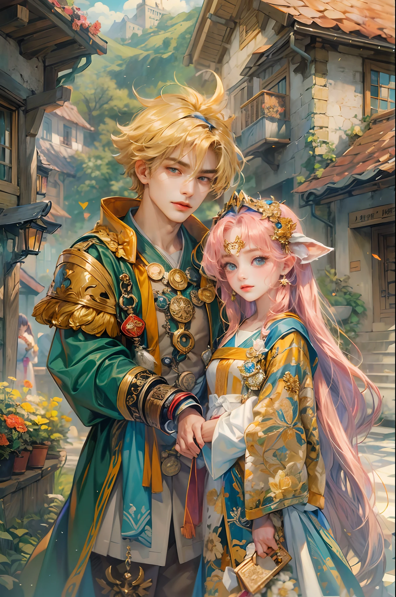 (absurdres, highres, ultra detailed, HDR), masterpiece, best quality, anime, echoes of mana character, handsome young hero wearing detailed headgear, detailed face, handsome face, boy talking to the Villain a girl wearing detailed robe, strolling at the town of domina, detailed face, anime eyes, detailed character, detailed outdoor, detailed town