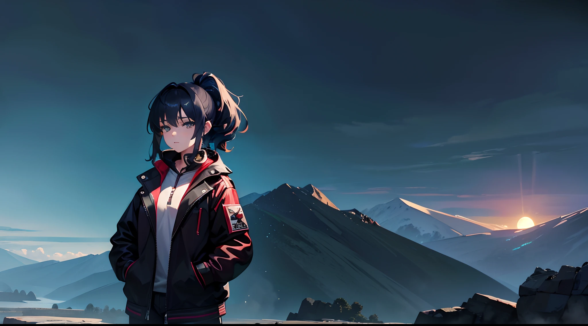 masterpiece, lots of detail, 4k, 8k, ((ultra-detailed)), highres, 1girl, jacket, hands in pockets, pale moonlight, hill, night, distant terrain, {red hair|green hair|black hair|blue hair}, {ponytail|short hair|long hair|curly hair}