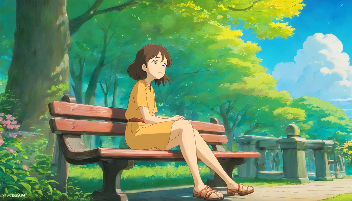 A Studio Ghibli style painting of A woman sitting on a bench in a park, looking up at the sky with a look of peace and hope on her face. God is standing next to her, smiling down at her., studio ghibli