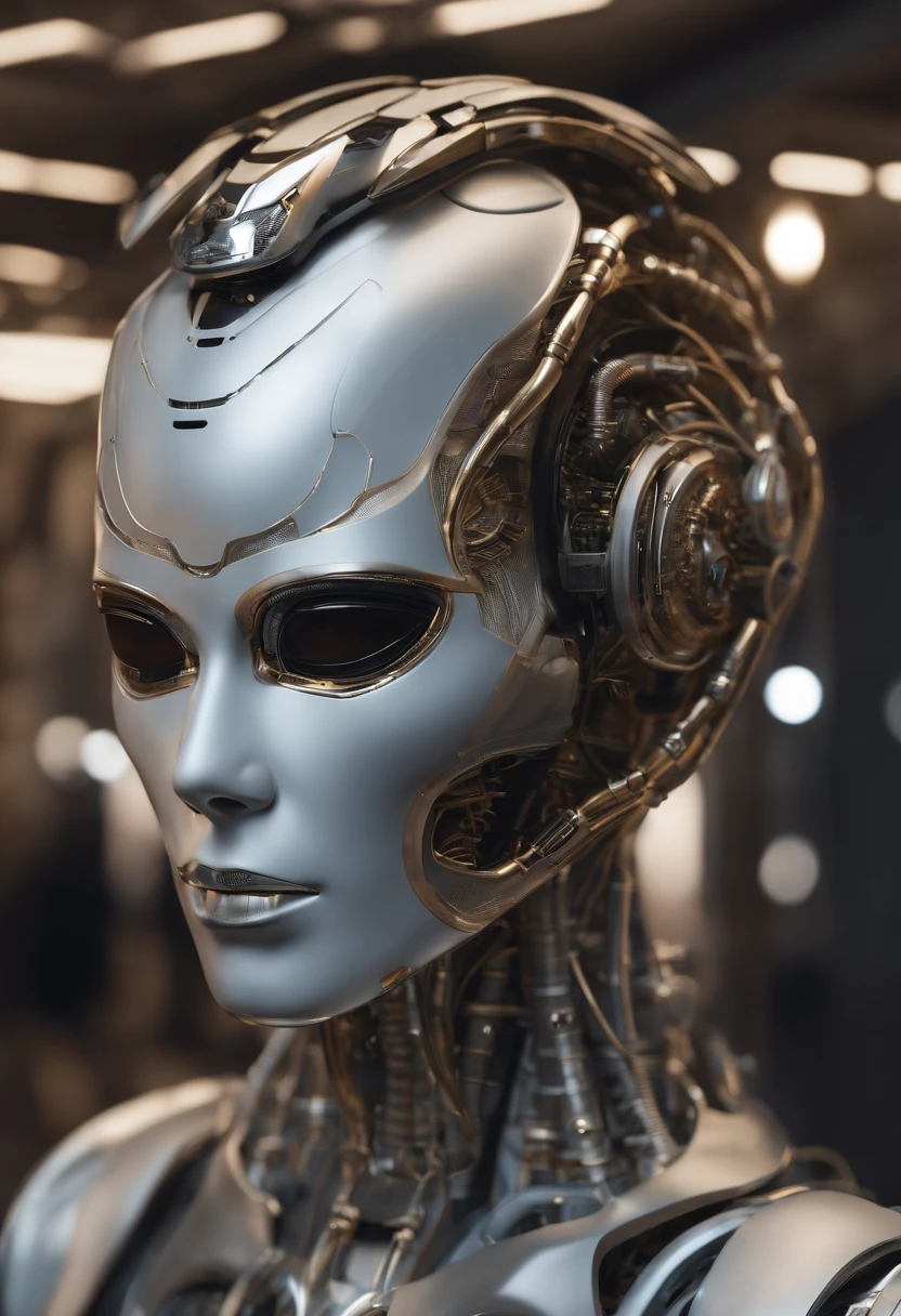 render 3D Complexo Ultra Detalhado de um belo perfil de porcelana Homem Android Face, ciborgue, Robot parts deicas, 150mm, Beautiful soft light studio, Luz de borda, Detalhes vibrantes, Cyberpunk luxuoso, renda, hiper realista, Anatomical, facial muscles, electrical wires, microchip, elegante, Fundo bonito, Octanagem, estilo h. r. Giger, 8k, melhor qualidade, obra prima, 插圖, um extremamente delicado e bonito, extremamente detalhado, CG, unidade, papel de parede, incredible, Detalhes finos, obra prima, melhor qualidade, Arte Oficial, papel de parede CG 8k extremamente detalhado, Robot, Halmet de prata, ((corpo inteiro)), sentado