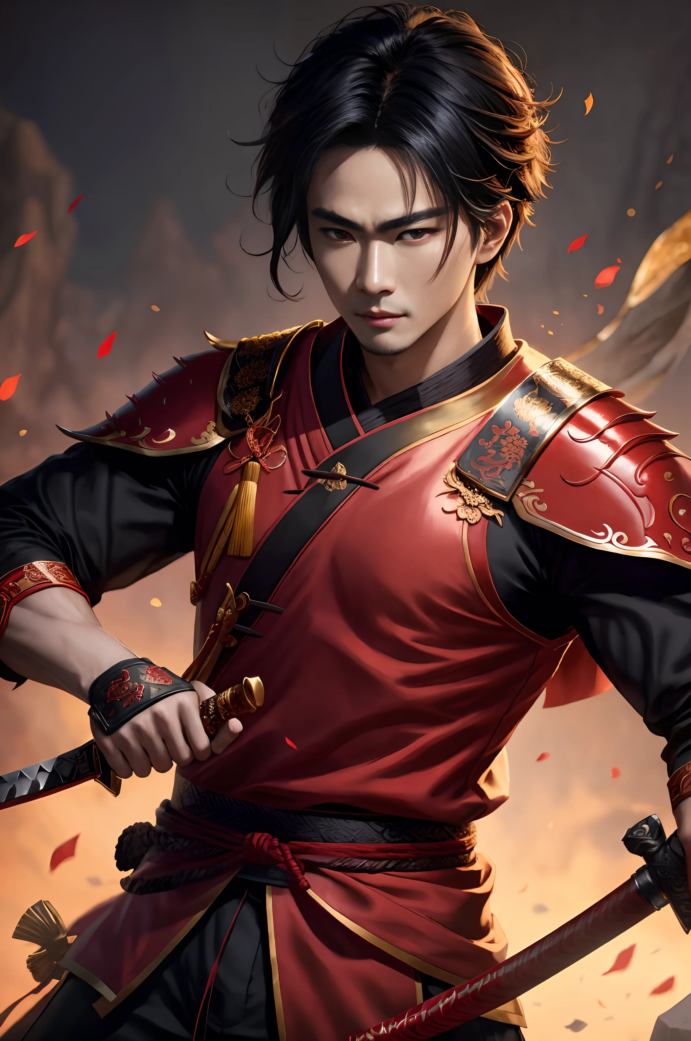 arafed image of a man in a red and black outfit holding a sword, by Yang J, handsome guy in demon slayer art, xianxia hero, chengwei pan on artstation, yanjun chengt, inspired by Zhang Wo, inspired by Yang Jin, inspired by Zhu Derun, by Liang Kai, inspired by Zhao Yuan