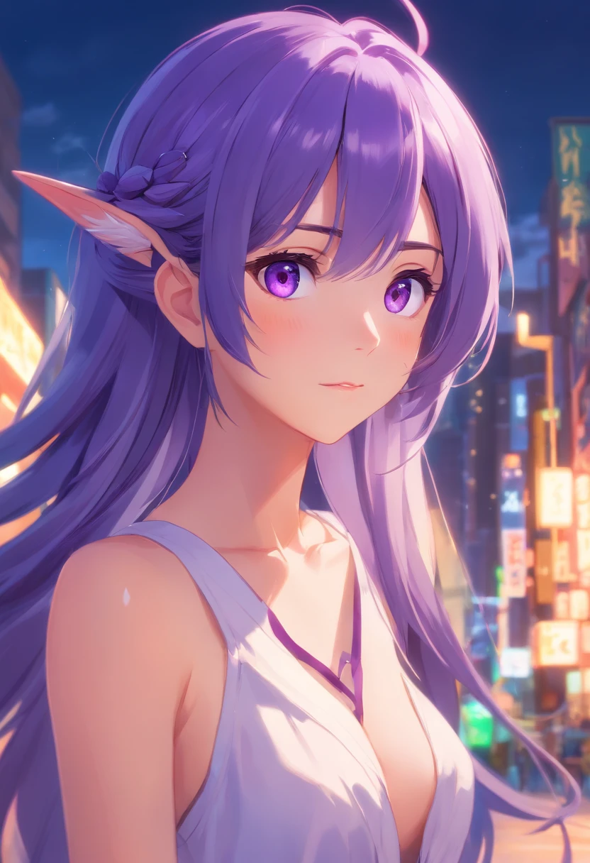 Purple eye,cyanhair,Lazy expression,Western fantasy,Magical fantasy,,the elf,Tall and tall,Beautiful breasts,detail in face,Bust photo