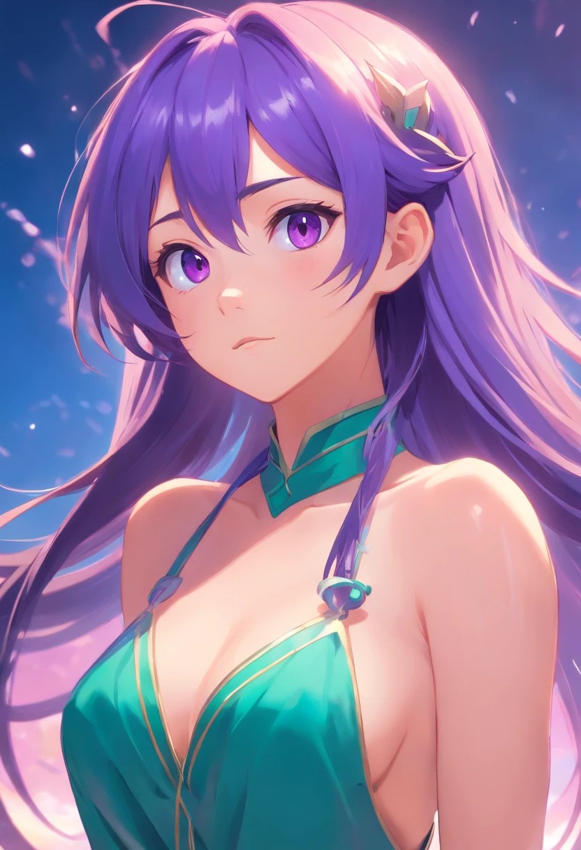 Purple eye,cyanhair,Lazy expression,Western fantasy,Magical fantasy,,the elf,Tall and tall,Beautiful breasts,detail in face,Bust photo