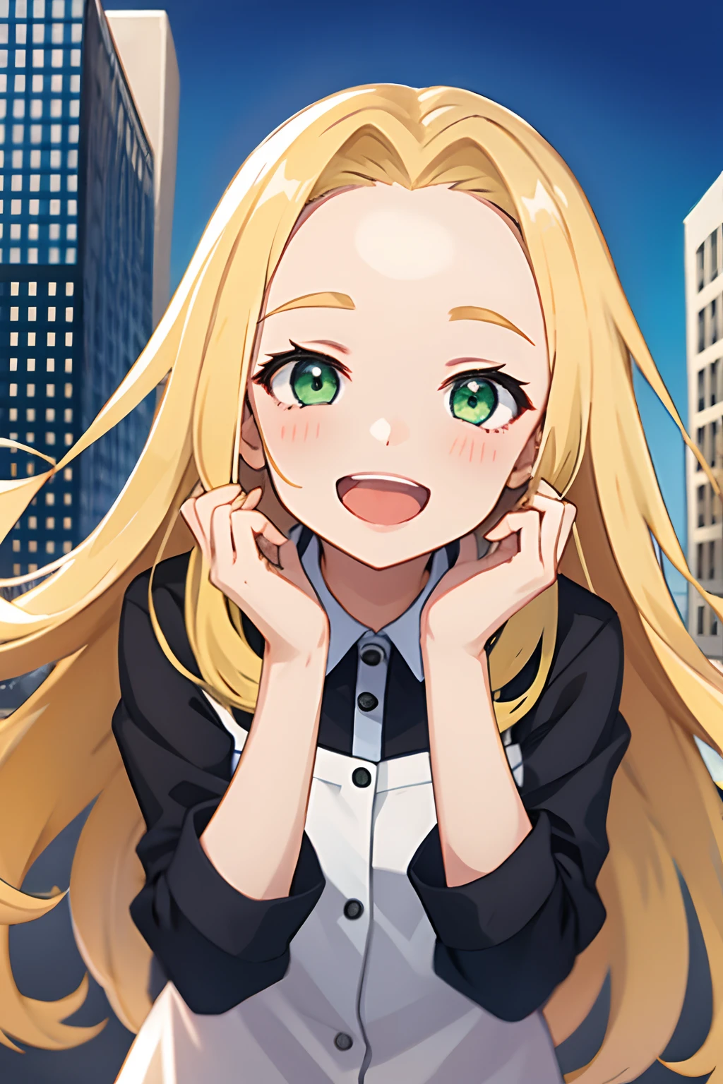 girl, long hair, blonde hair, dark green eyes, forehead, happy, open mouth, hands on cheeks, city