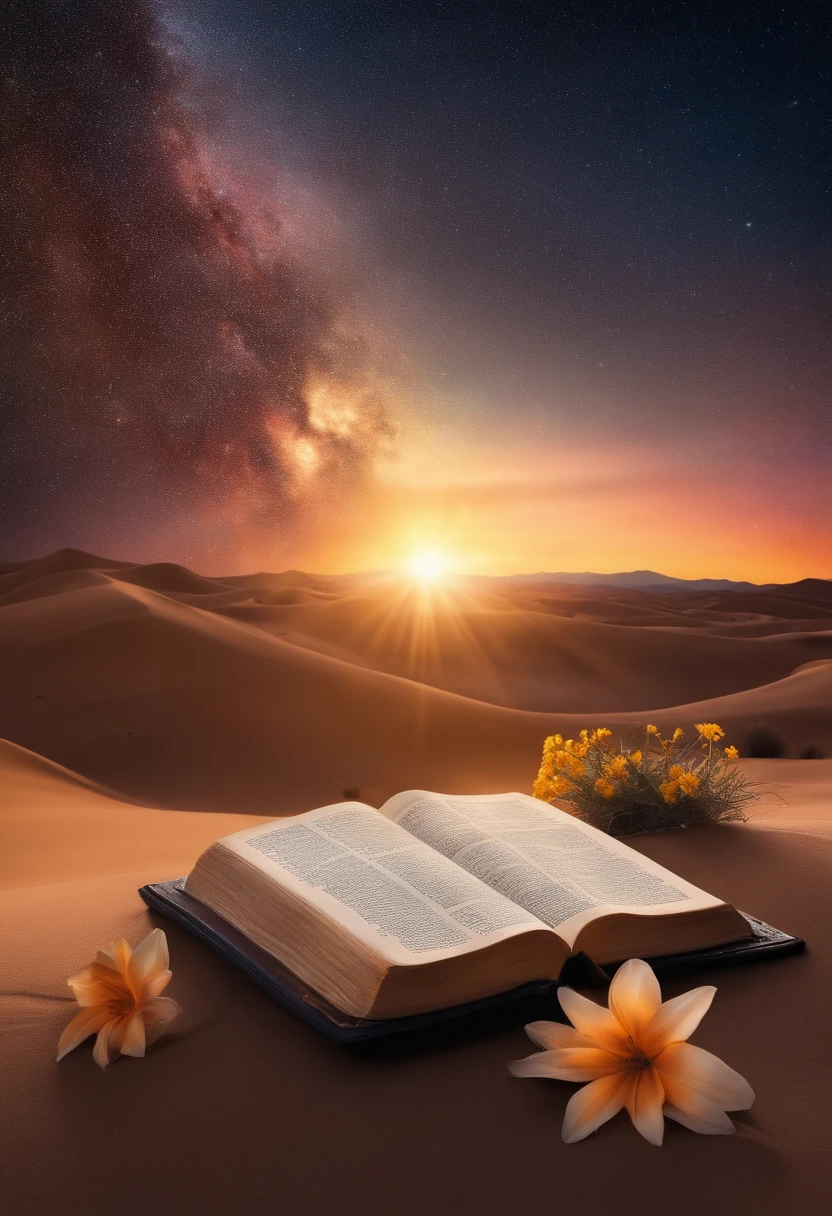 A morning star shining over a desert with flowers and an open Bible