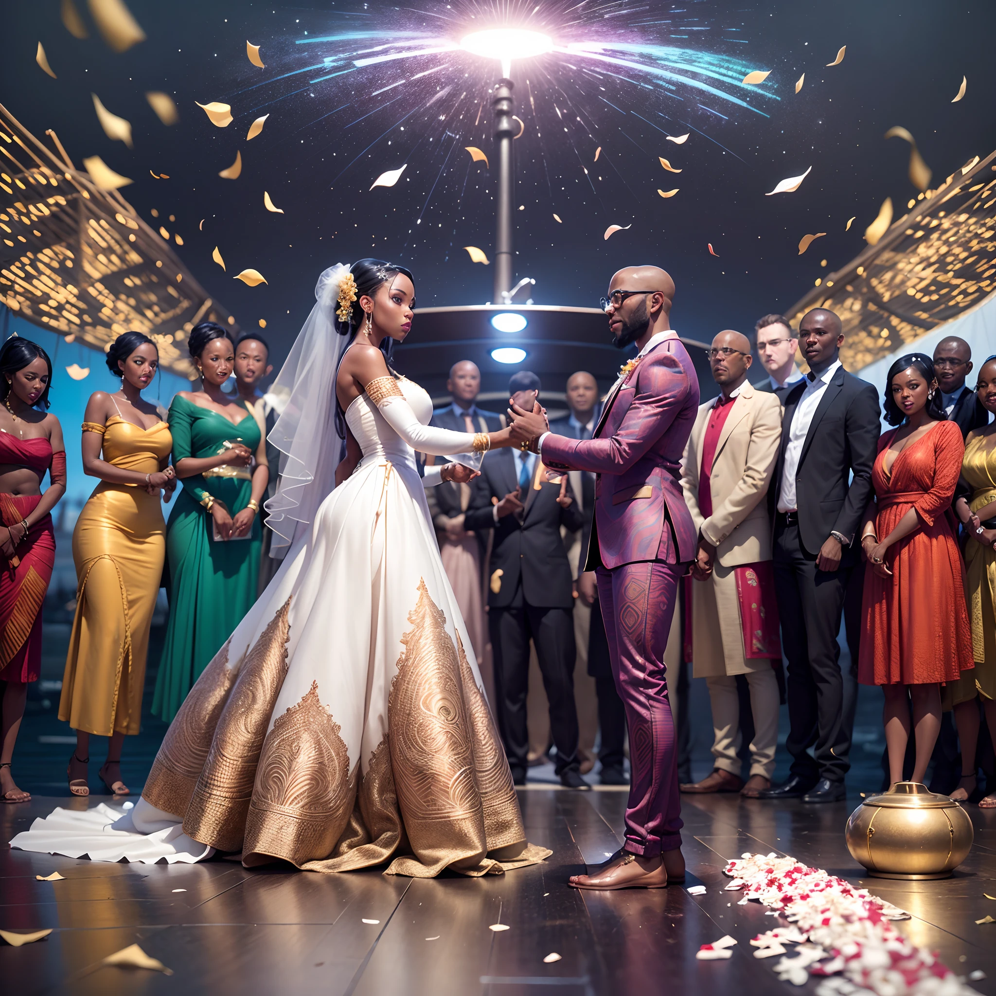 Happy African man marrying African woman both wearing African designed clothes, marriage ceremony in a yacht surrounded by a celebrating congregation all in african designed clothes, confetti 🎊 falling from above, African designed yacht full of African designed instruments, african designed sculptures, pots, african designed lamps in a yacht glowing, with iridescent light, photorealistic image, 32k, ultra HD, cinematic lighting, artgerm style --auto --s2