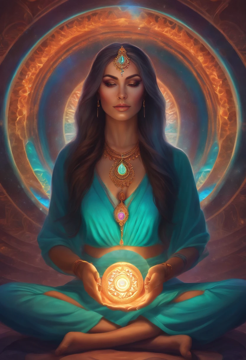 Woman sitting in lotus position holding chakrai wheel and looking straight to camera, opened eyes, chakra, ajna chakra, artgerm julie bell beeple, deviantart artstation cgscosiety, Sacred Feminine, jen bartel, Kundalini Energy, artgerm colorful!!!, colorful aura, Chakra Sacral, psychedelic goddess, Aura of Power. detailliert, high-level image quality, perfect fingers, perfect foot, holding a light billet in hand,