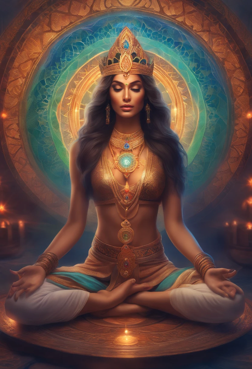 Woman sitting in lotus position holding chakrai wheel and looking straight to camera, opened eyes, chakra, ajna chakra, artgerm julie bell beeple, deviantart artstation cgscosiety, Sacred Feminine, jen bartel, Kundalini Energy, artgerm colorful!!!, colorful aura, Chakra Sacral, psychedelic goddess, Aura of Power. detailliert, high-level image quality, perfect fingers, perfect foot, holding a light billet in hand,