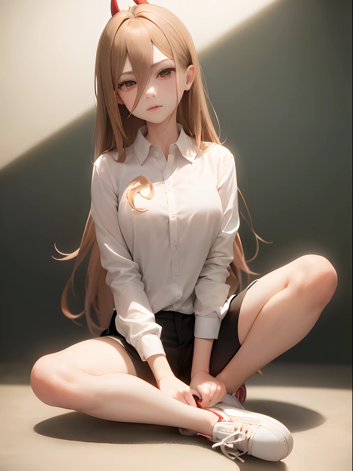((masterpiece, best quality)), (1girl), (solo), (female focus), (ahoge, brown hair, very long hair), golden eyes, ((white shirt), (buttoned shirt), (gap button)), ((black shorts ), (shorts)), sitting , black background, dynamic angle, slim body, cute shoes, ((white shoes)