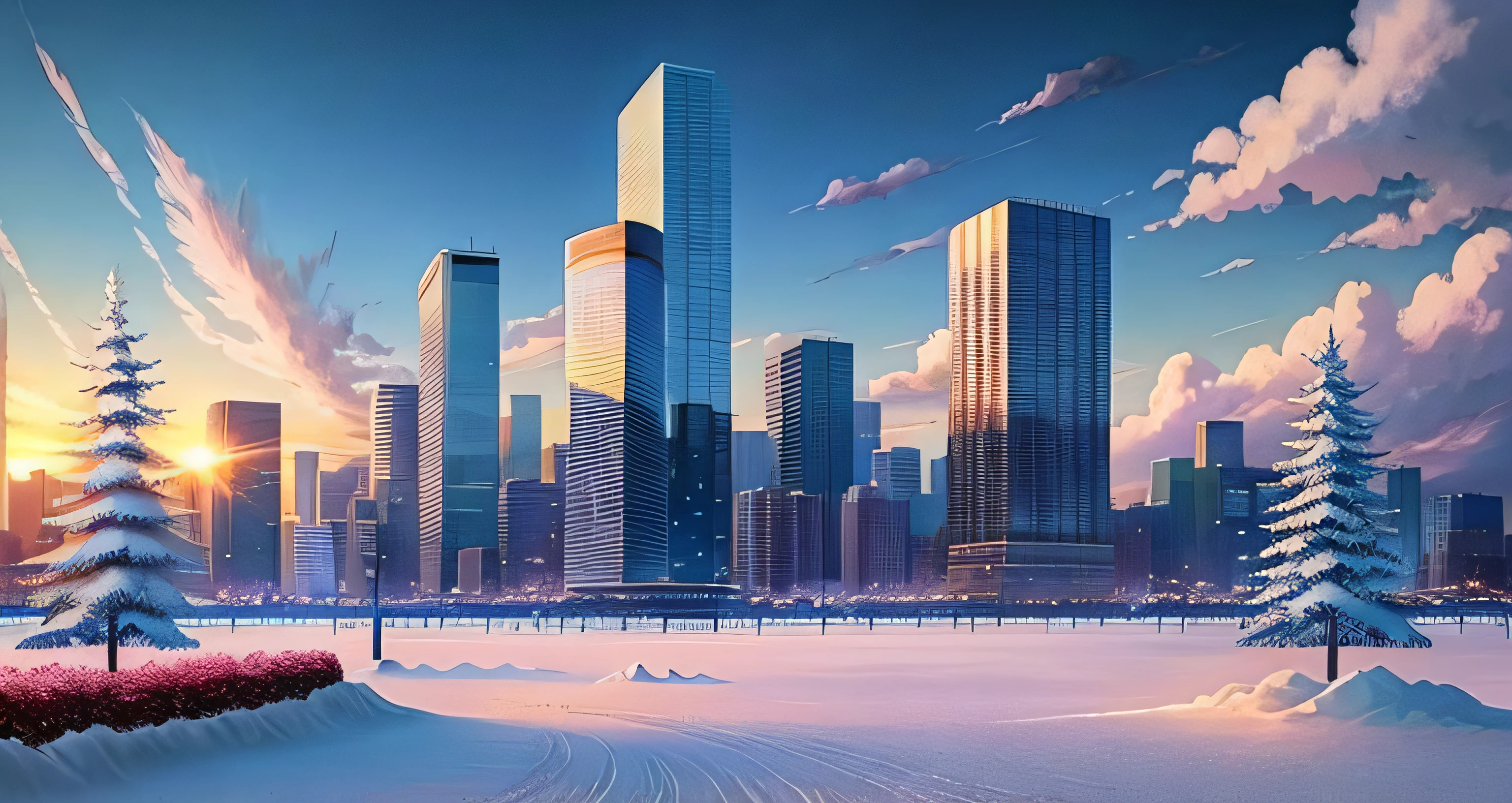 beautiful anime scenery，author：Shinkai sincerely, Garden , Skyscrapers , floating Snow , Winter , Wind , Cloud , sky , evening , Sun , Breeze