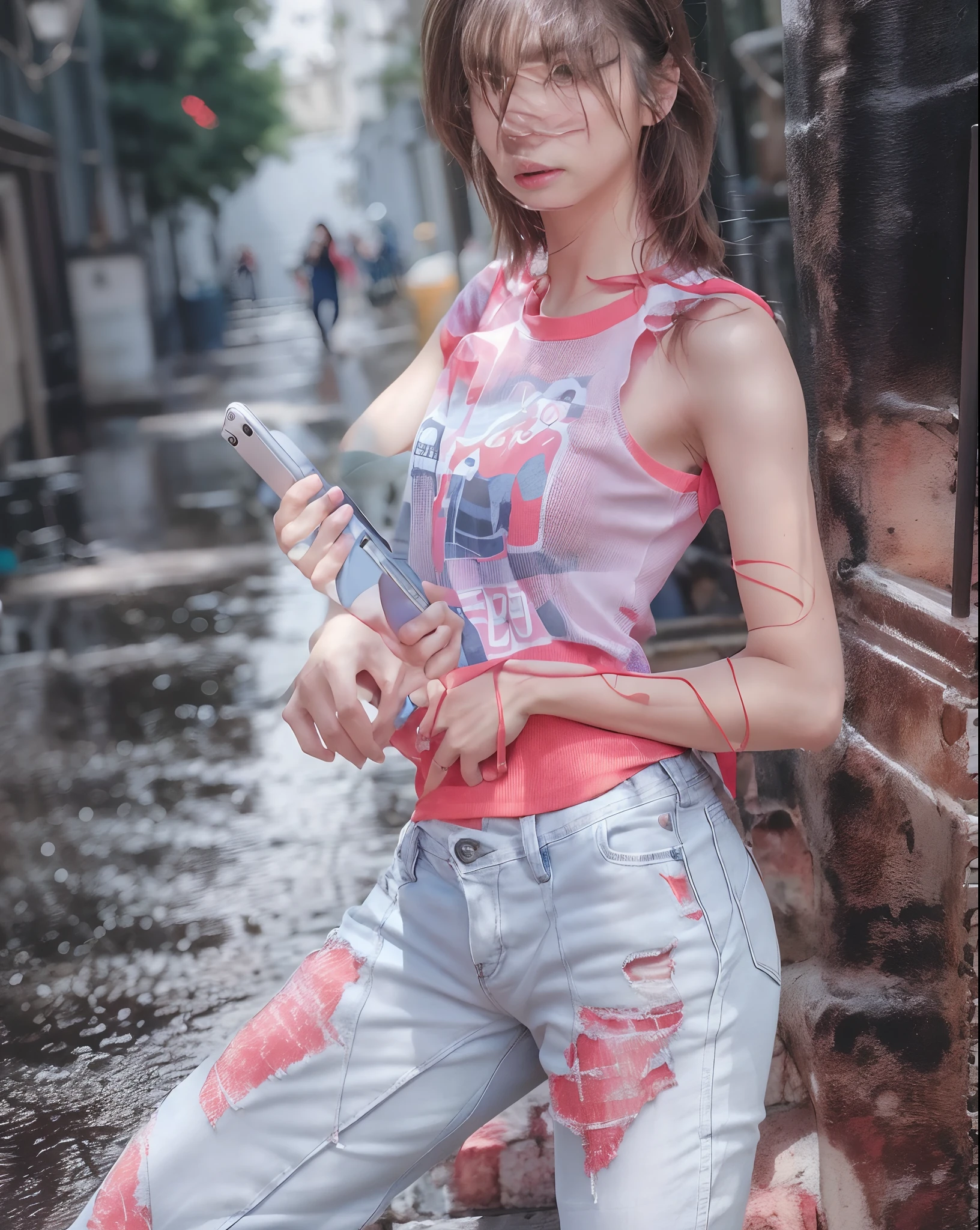 there is a woman standing on a stair with a cell phone, with rifle, with pistol, casual pose, wearing pants and a t-shirt, full body picture, wearing a red outfit, casual photography, jeans and t shirt, with a cool pose, candid picture, full body photogenic shot, red t-shirt, in tshirt, shooting pose, with lovely look