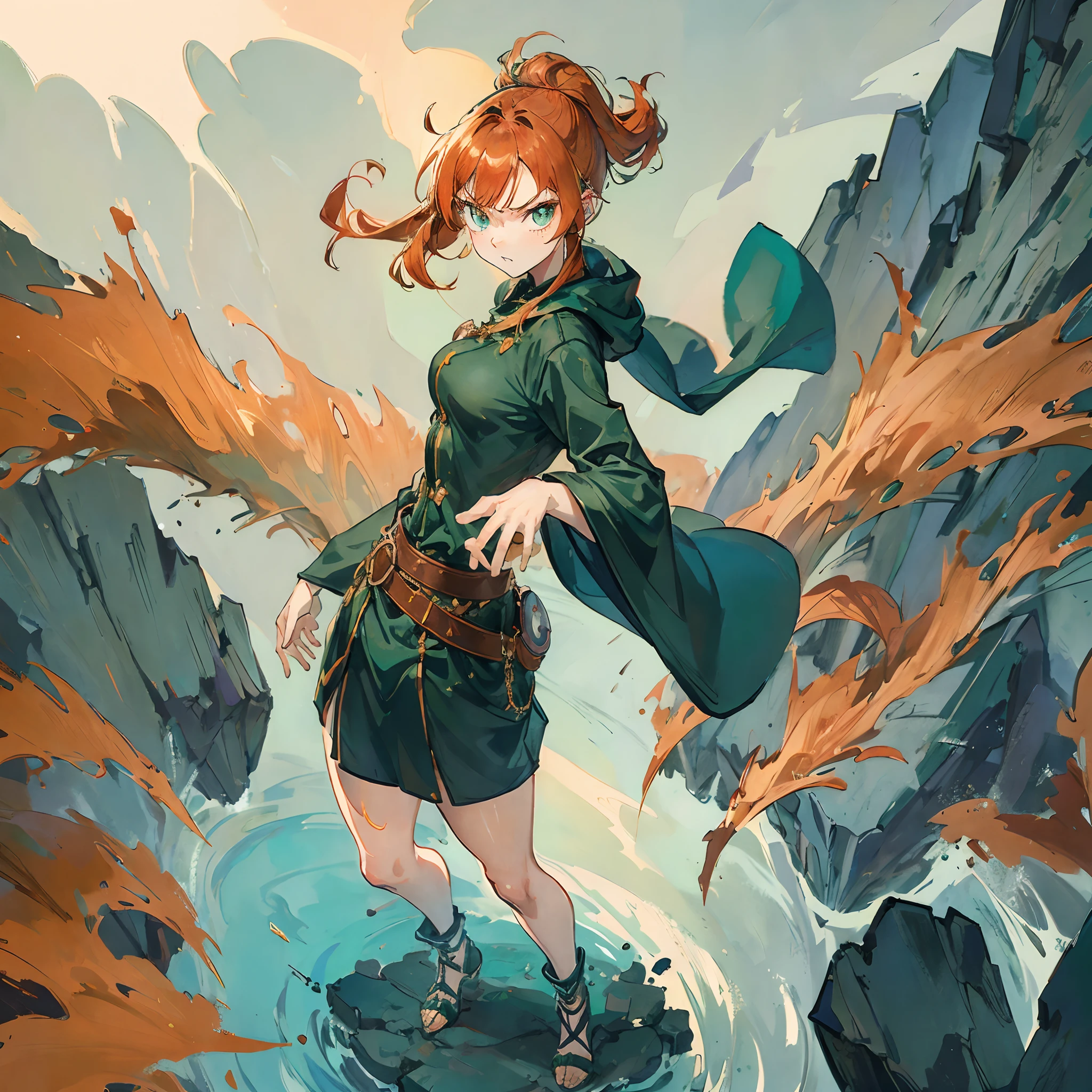((best quality)), 1girl, ginger hair, green eyes, short height, angry expression, (full body)